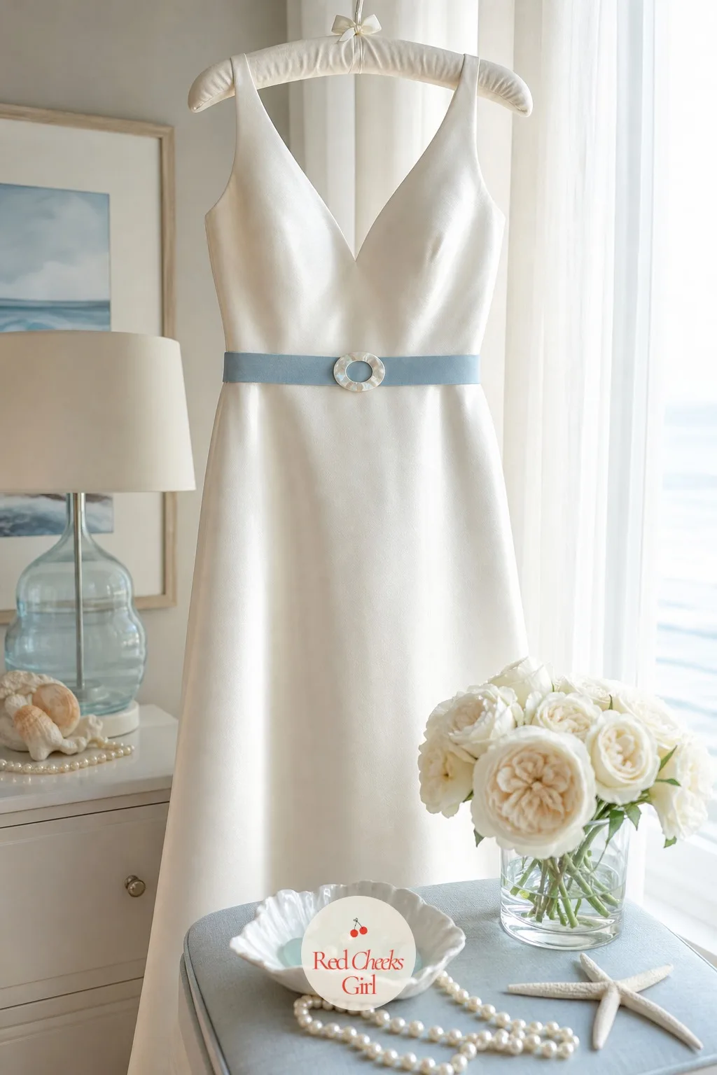 A Mother-of-Pearl Sash at the Bride's Waist — A plain satin dress can read a little bare at the waist once the ceremony photos are over and the dancing starts.