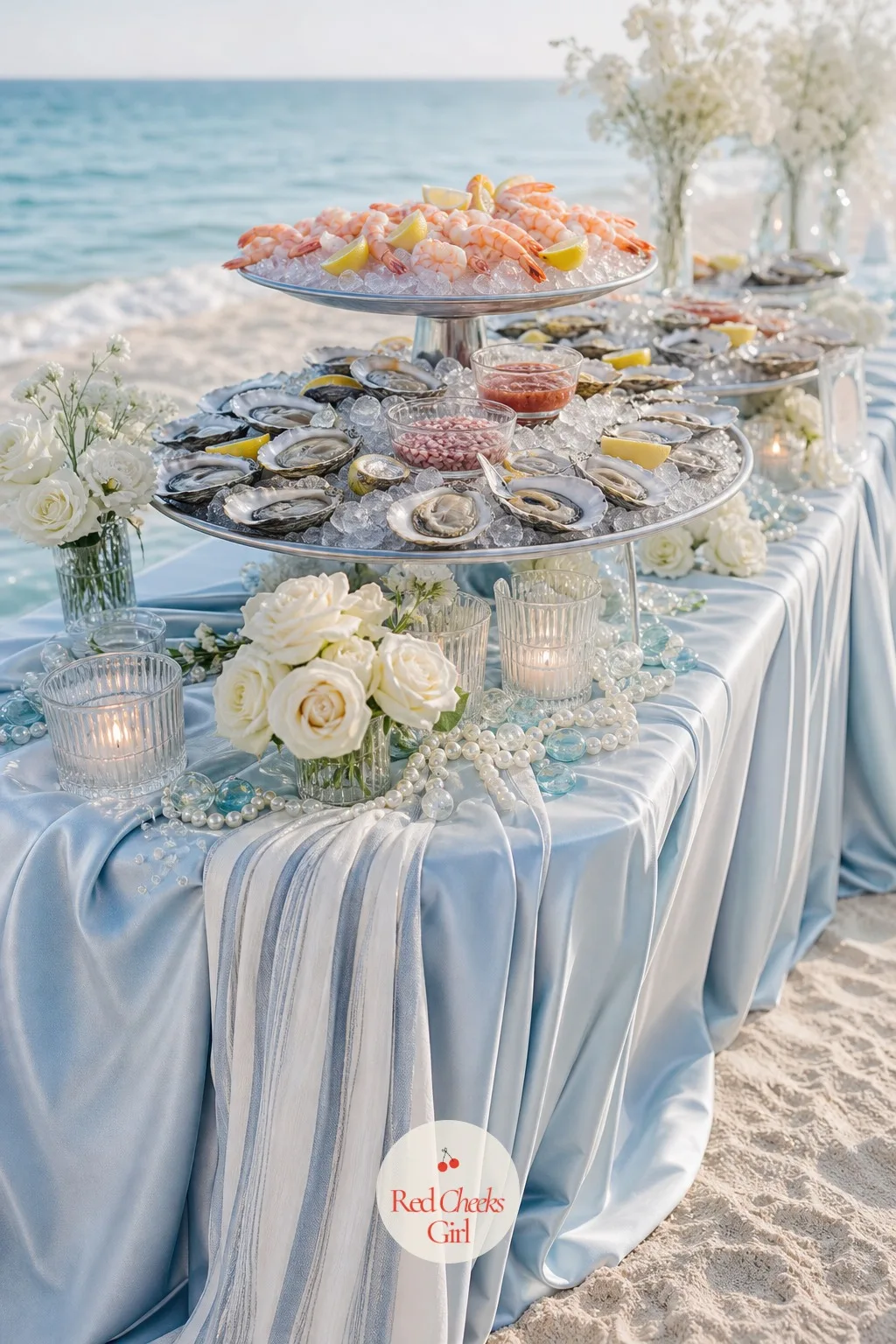 A Raw Bar and Chilled Seafood Display — A buffet table of hot food fights the whole mood of a day built around cool water and open air. Coastal wedding