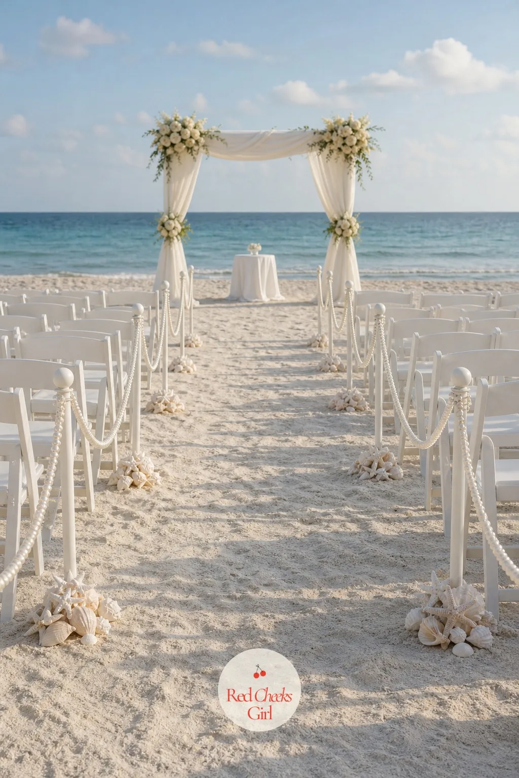 A Shell and Pearl Strand Aisle — A bare walk to the arch feels unfinished, and scattered shells alone can look like the tide left them there by accident.