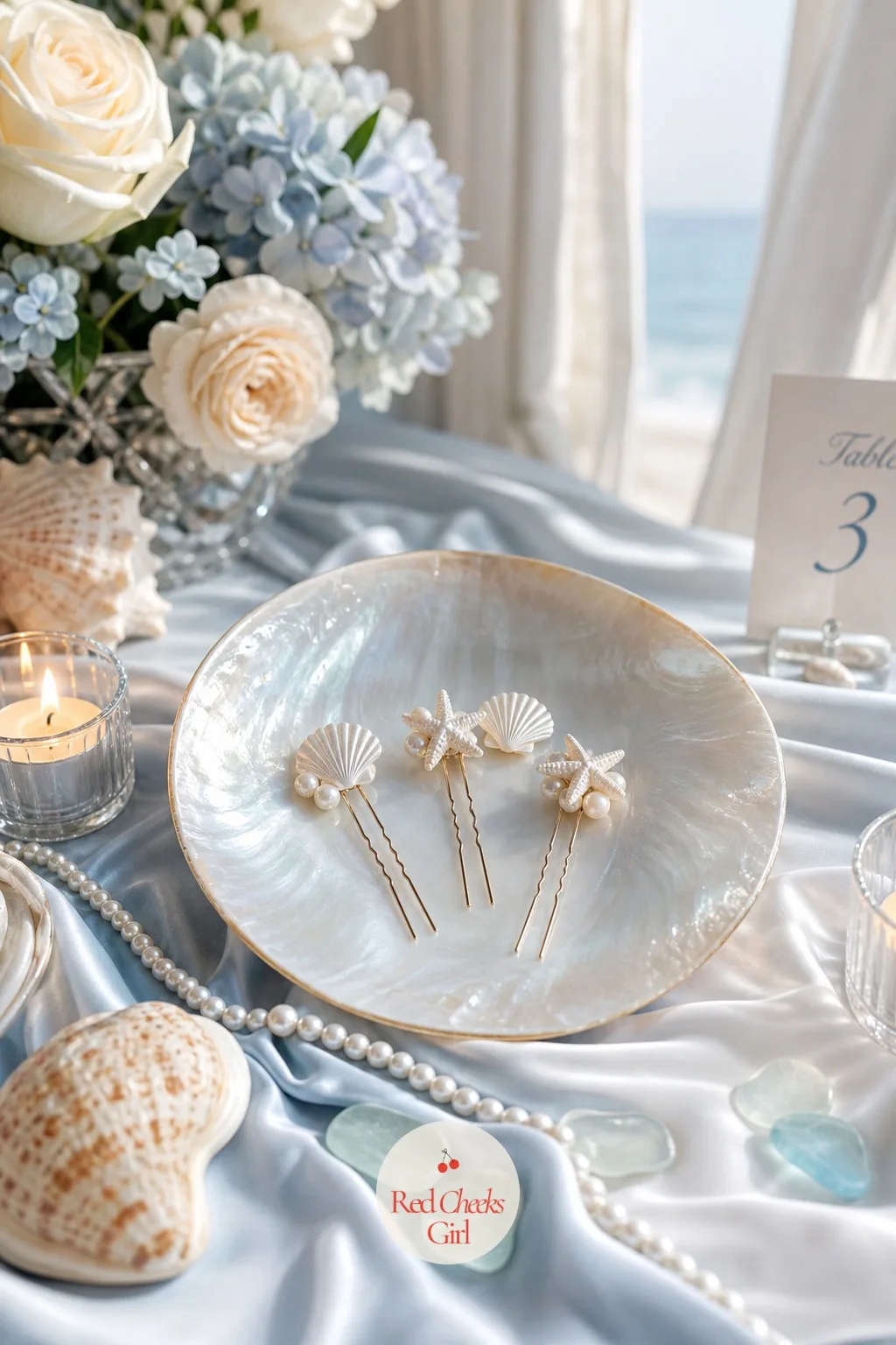 Shell and Starfish Hairpins — A veil alone can feel like it belongs to any other wedding, and a flower crown fights with a sea breeze within the hour. Coastal