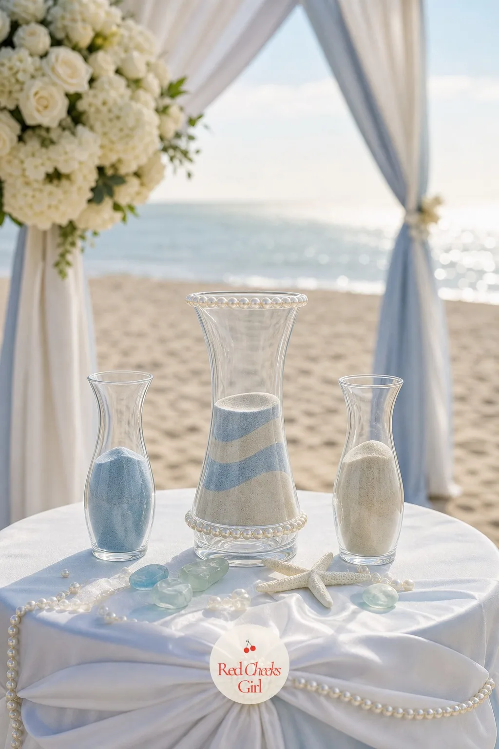 A Two-Tone Sand Ceremony — Rings get lost, candles blow out in any real breeze, but sand poured into a vessel stays exactly where it lands, which is why this