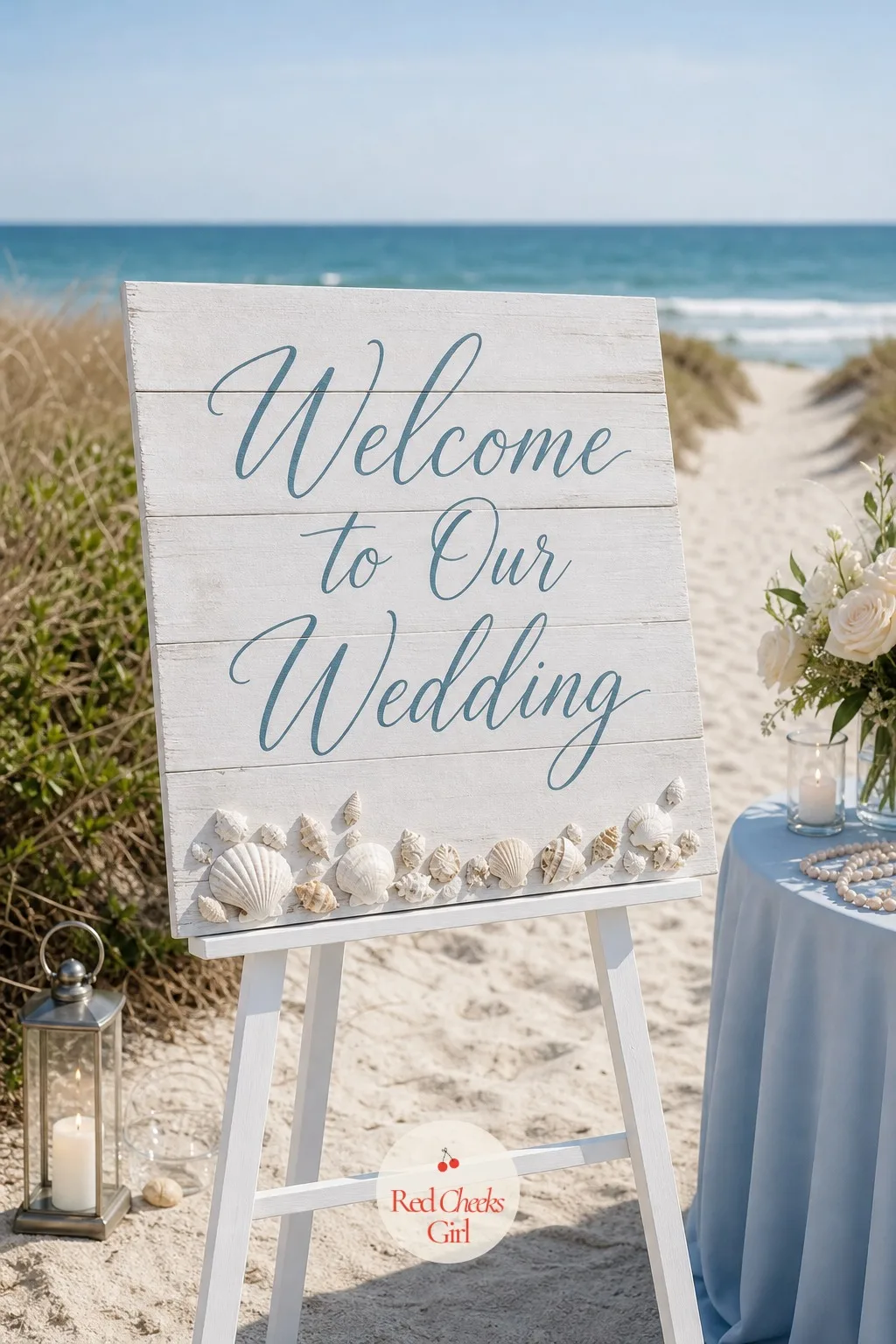 A Whitewashed Welcome Sign with Shell Lettering — She will not want guests squinting at a seating chart to find out they are even in the right place. Coastal