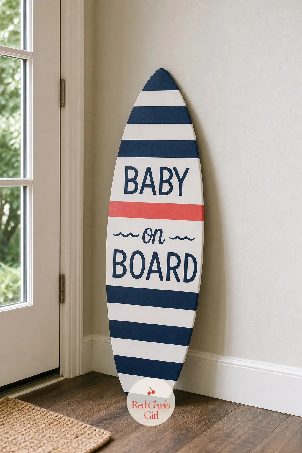 Baby on Board Surfboard Sign — A nautical shower usually means an anchor cut out of foam board, which nobody keeps past the party. Coed baby shower ideas