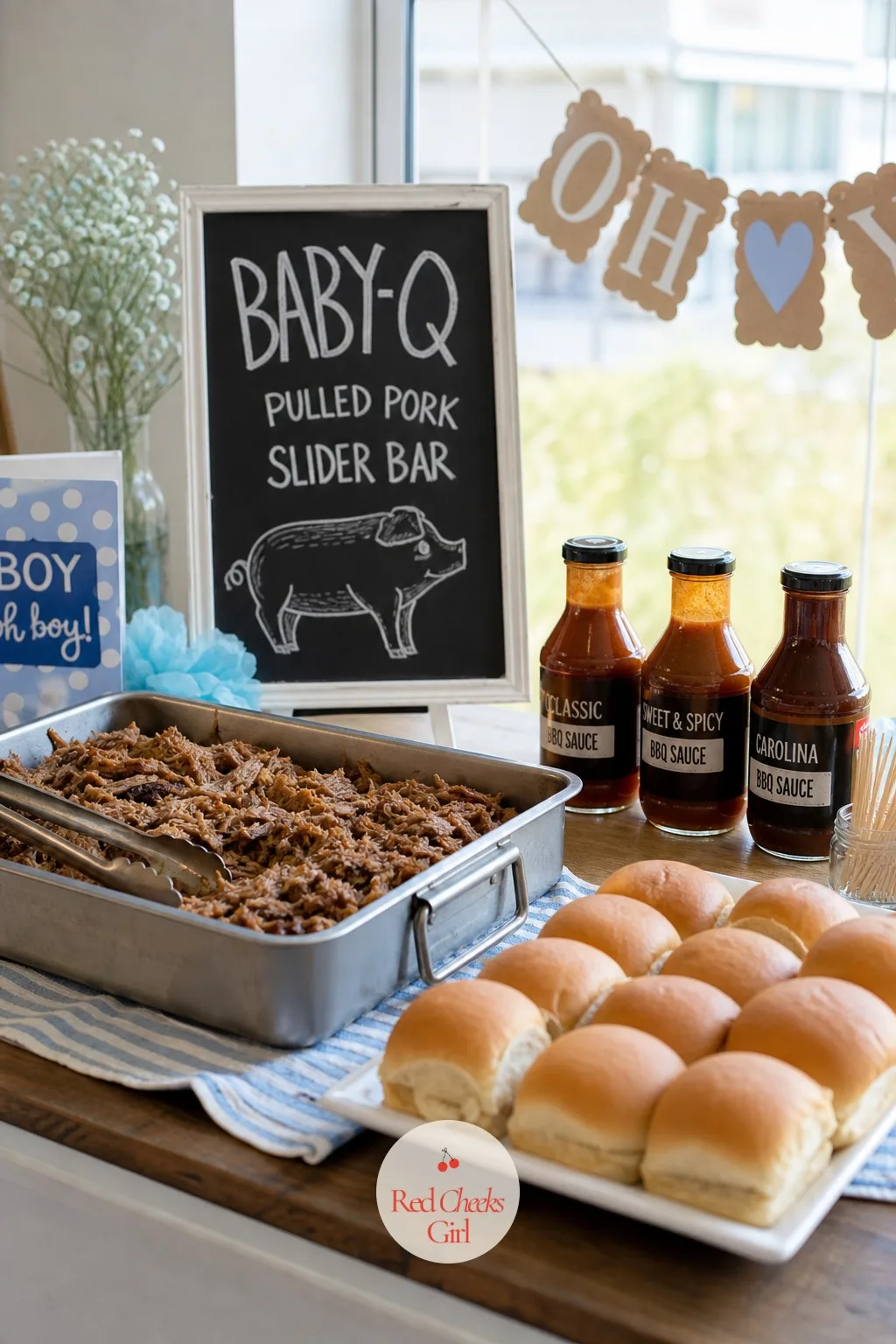 Baby-Q Pulled Pork Slider Bar — Finger sandwiches at a shower with grown men in the room have a short shelf life before someone slips off to find a burger.
