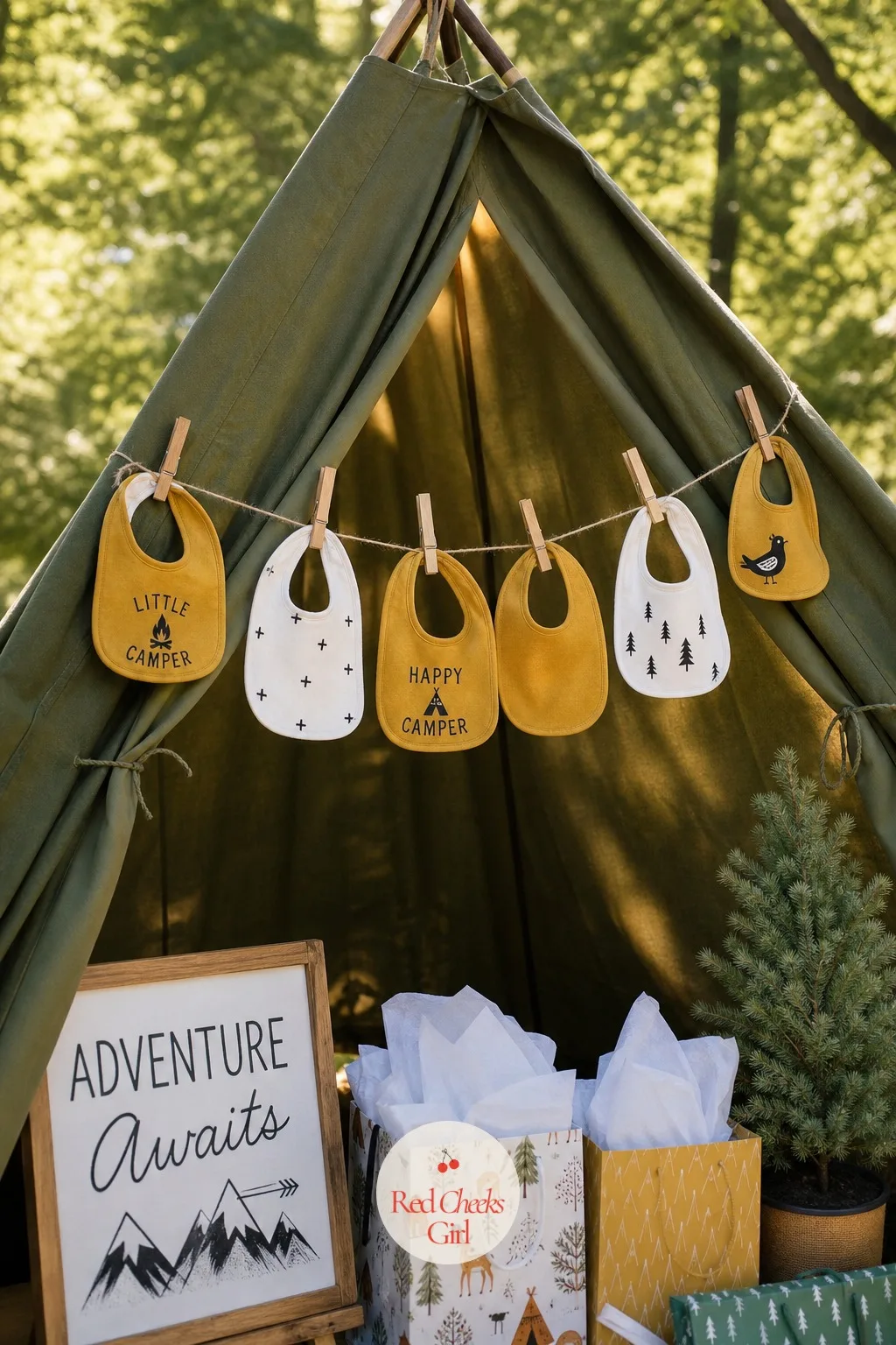 Bib Banner for the Happy Camper Tent — A tent in the living room sounds like a lot of effort for one photo. Coed baby shower ideas