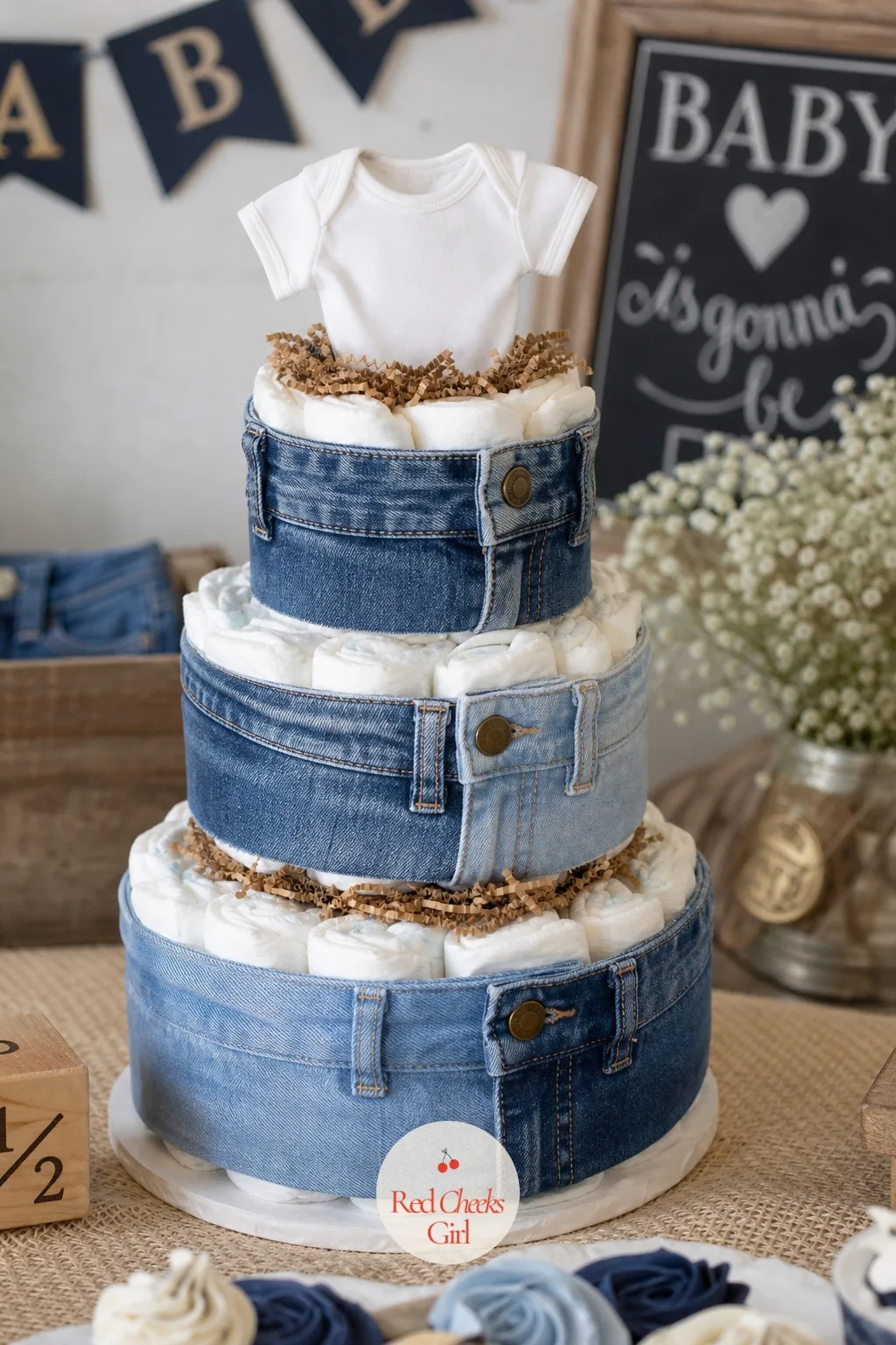 Blue Jean Baby Denim Diaper Cake — A tulle-wrapped diaper cake looks like every other diaper cake. Coed baby shower ideas