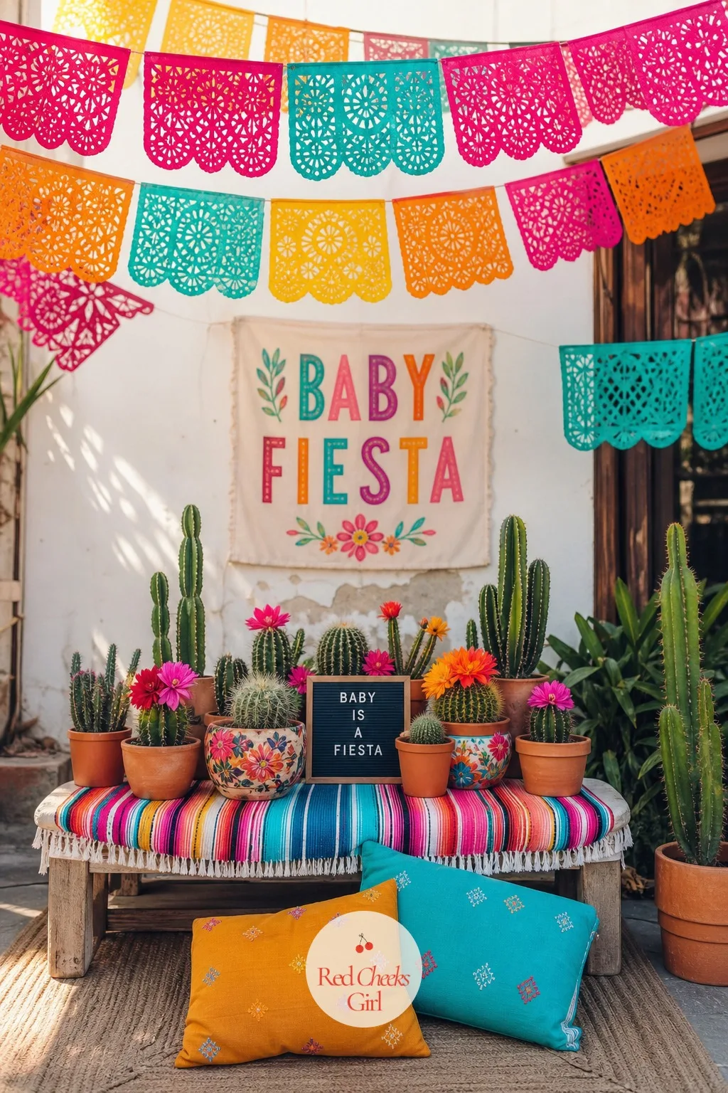 Fiesta Papel Picado and Cactus Backdrop — A piñata alone looks like a kid's birthday. Coed baby shower ideas