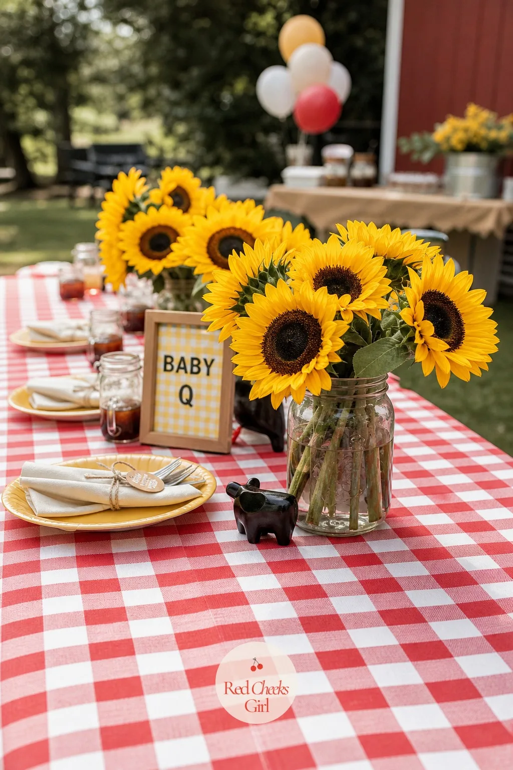 Gingham-and-Sunflower Baby-Q Table — Baby pink bunting on a man who grills for a living never quite lands. Coed baby shower ideas
