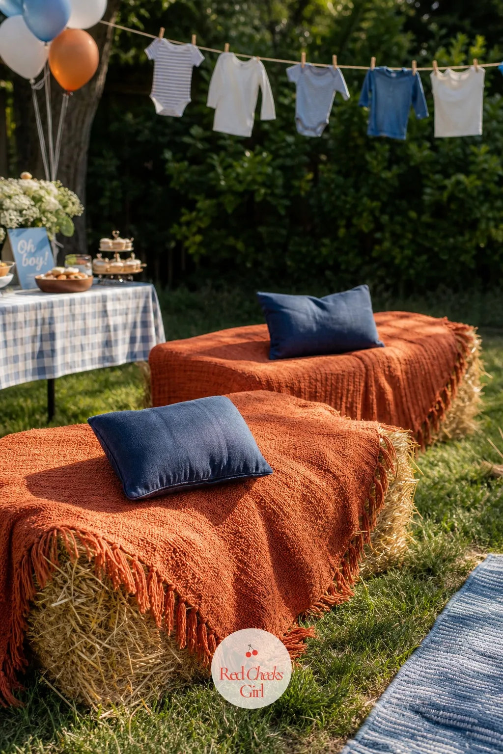 Hay Bale Seating — Rented folding chairs look like an office meeting. Coed baby shower ideas