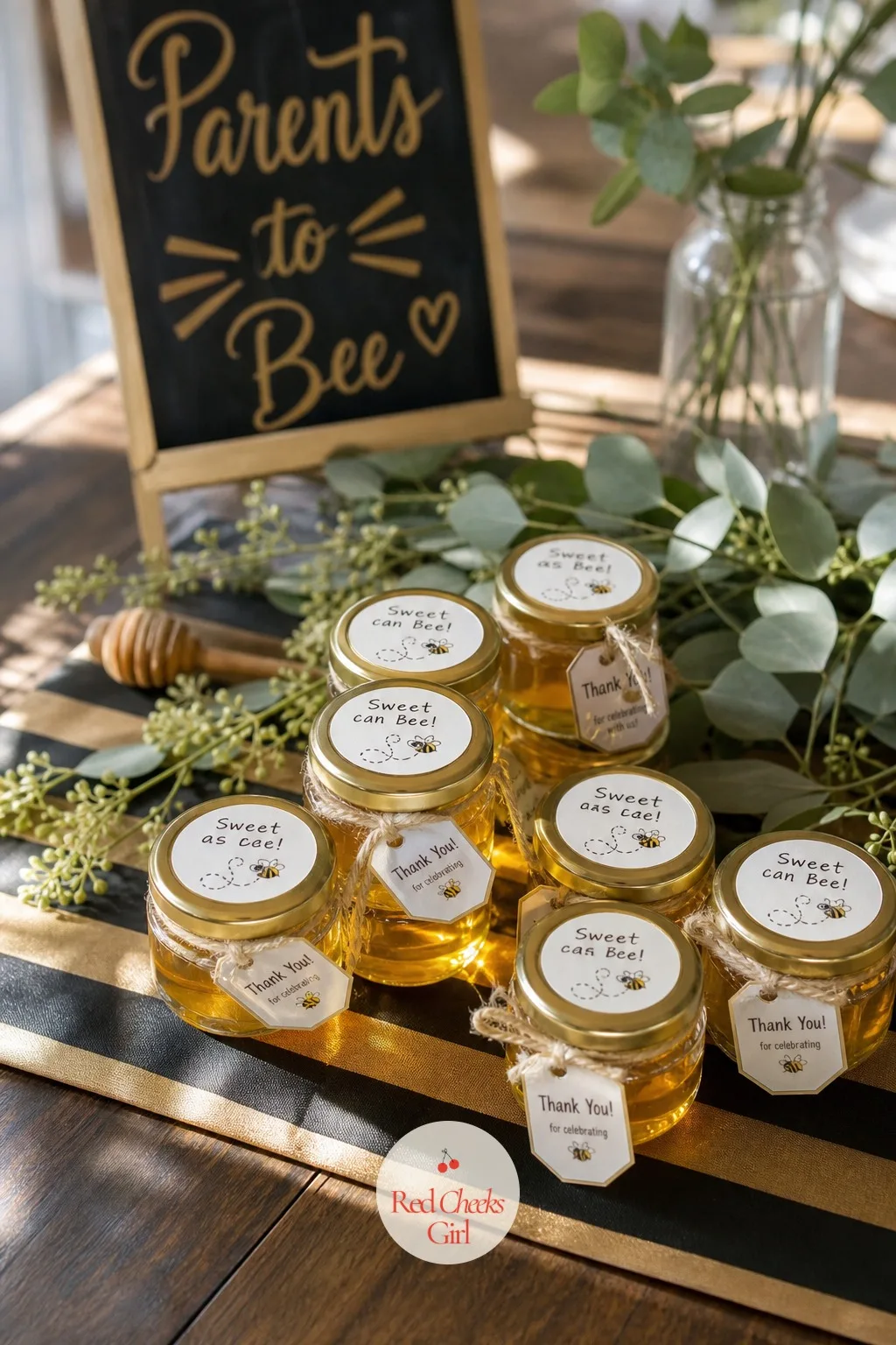 Parents-to-Bee Honey Table — Soon to bee parents needs a table that does not lean on cartoon bees to make the joke land. Coed baby shower ideas
