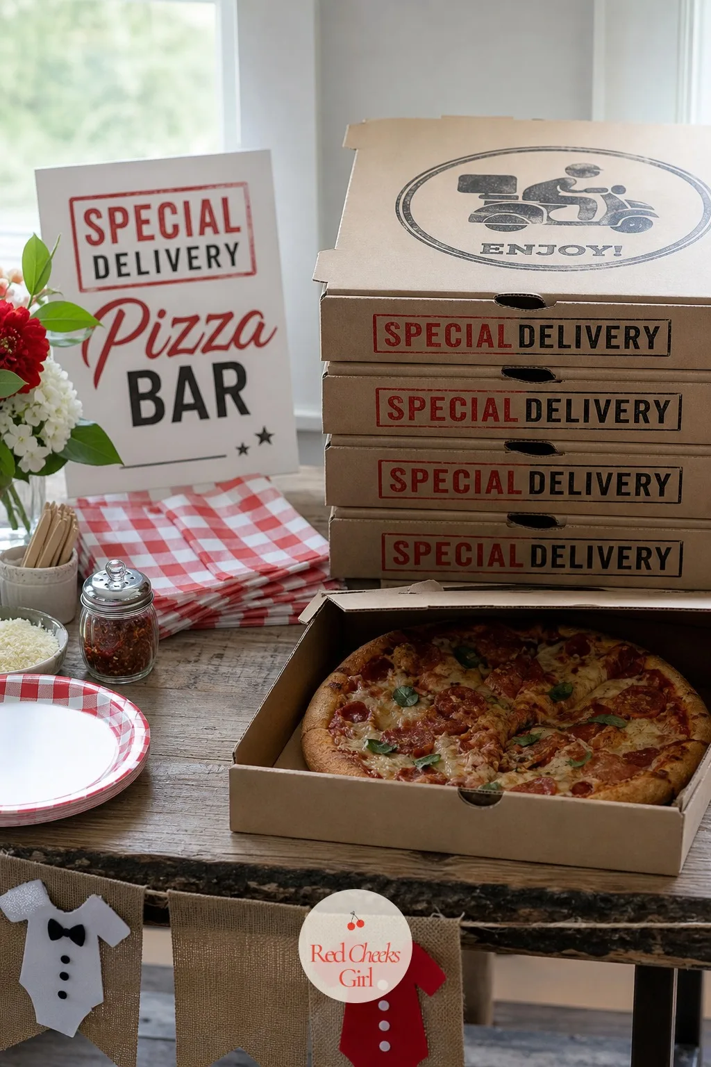 Special Delivery Pizza Bar — Catering a coed shower does not have to mean a chafing dish. Coed baby shower ideas