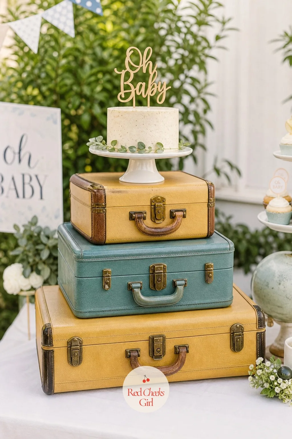 Stacked Vintage Luggage Dessert Stand — A rented cake table is a rented cake table, however nice the linen. Coed baby shower ideas