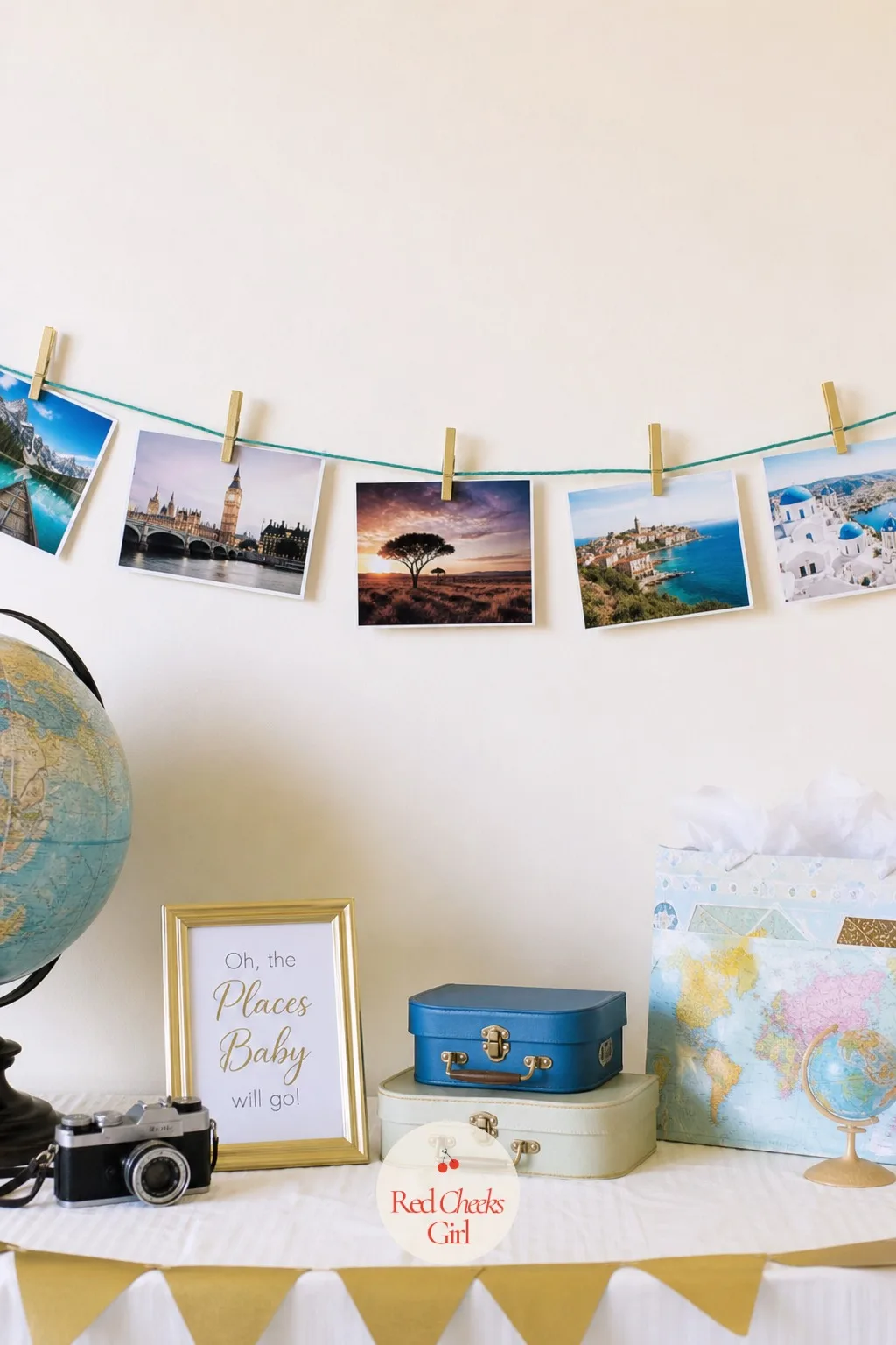 Travel Photo Garland — A plain string of fairy lights says nothing about who these two people are. Coed baby shower ideas