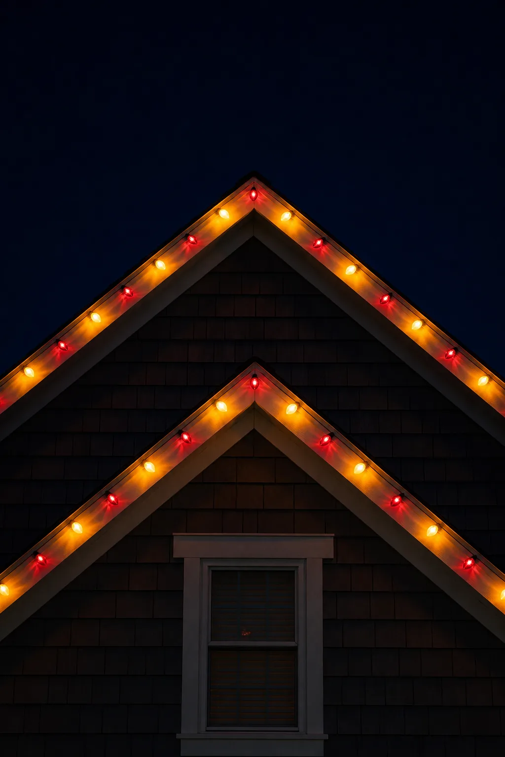 Amber and Cranberry C7 Lights Tracing the Gable Peaks — Four colours on every roofline starts to look like a fairground by the third house on the block.
