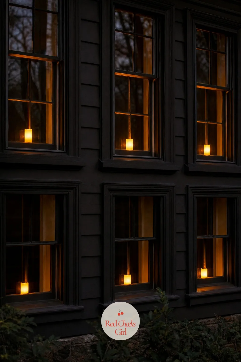 Golden Amber Flicker Candles Lit in Each Window — Nothing reads as old colonial charm quite like a candle sitting in every windowsill, flame flickering gently