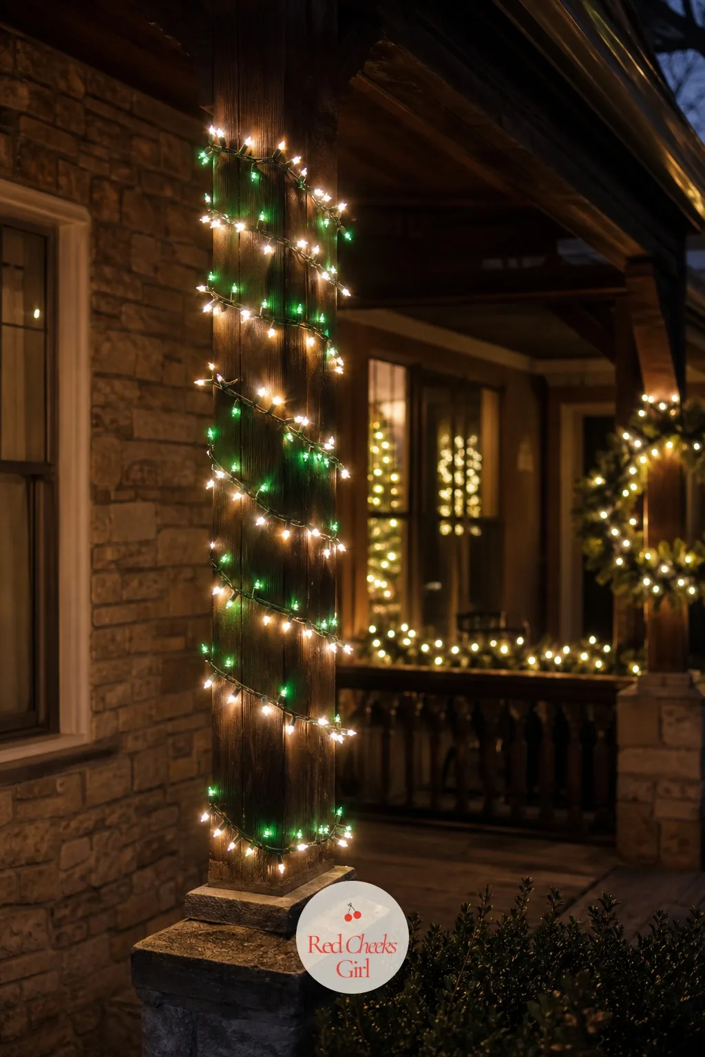 Green and White Spiral-Wrapped Porch Columns — A spiral of green and white climbing a porch column has a barber-pole nostalgia that a flat drape of lights