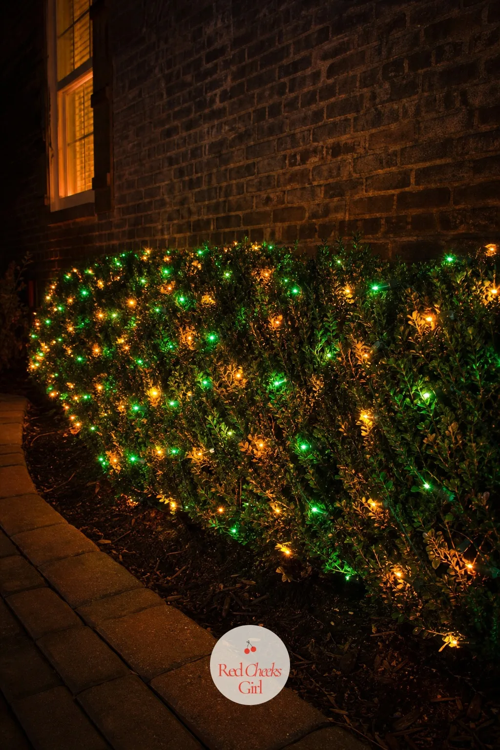 Harvest Amber and Forest Green Lights on the Foundation Shrubs — Bare winter shrubs along the foundation can make a lit-up house look unfinished at ground