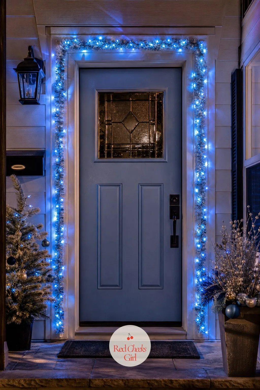 Icy Blue and Silver Lights Around the Front Door — Cool tones around a front door flatter brass and black hardware in a way warm colours never quite manage