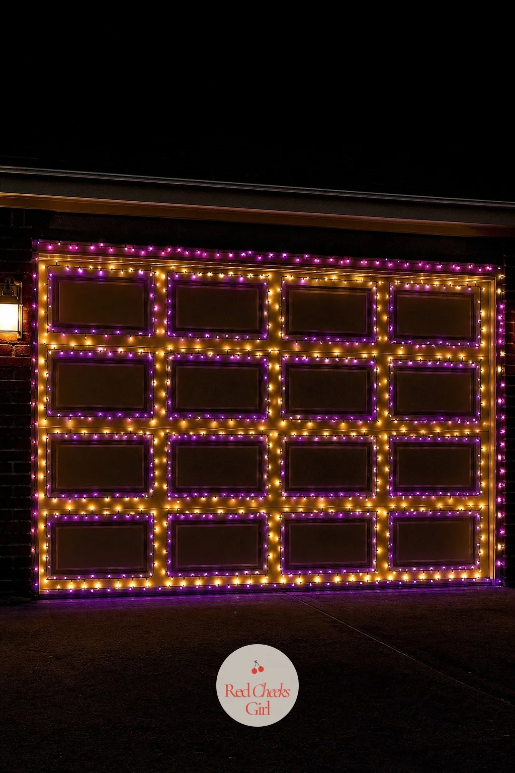 Plum and Gold Lights Tracing the Garage Door Panels — The garage door is usually the biggest blank surface on the whole front of the house, and most displays
