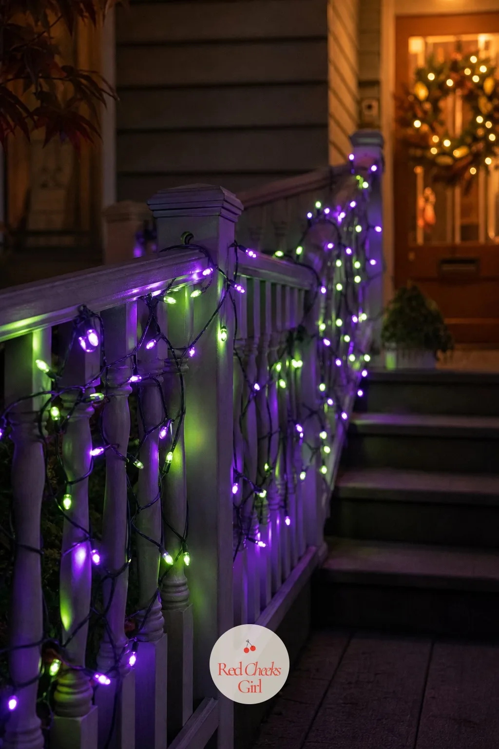 Violet and Lime Mini Lights Along the Porch Railing — Violet and lime is not the pairing most houses reach for, which is exactly why it catches a guest's eye