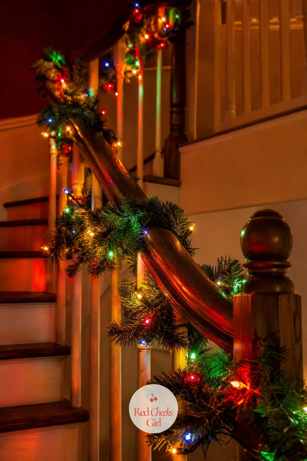 The Banister, Wrapped in a Multicolor Light Garland — Eighteen feet of garland pre-strung with multicolor mini lights winds up the banister in a loose spiral