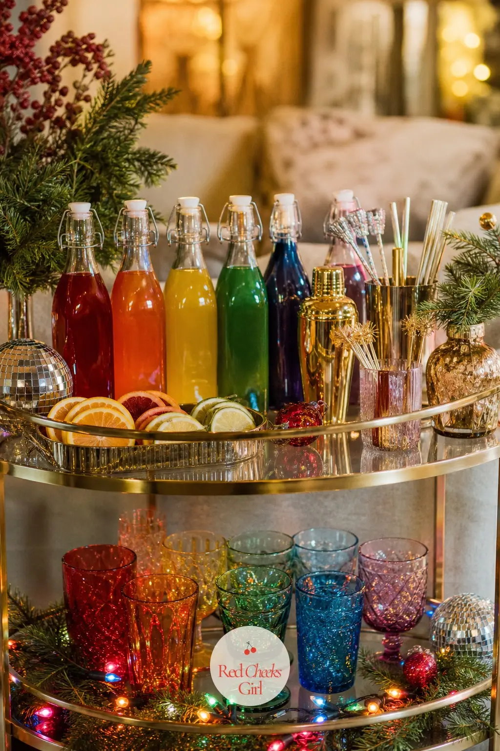 The Bar Cart, Stocked for Rainbow Spritz Cocktails — A small bar cart holds bottles of bright syrups and mixers, a bowl of citrus wheels and maraschino