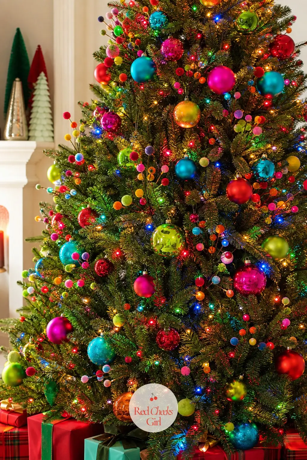 The Christmas Tree, Strung With Multicolor Lights and Glossy Baubles — This is the one tree in the whole house and it carries the full weight of the theme
