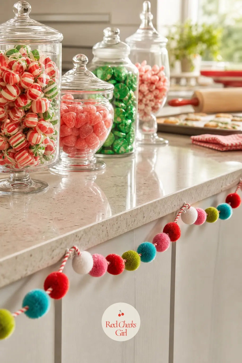 The Counter, Lined With Pom-Pom Garland and Candy Jars — A short run of pom-pom garland along the front edge of the kitchen counter, under a line of glass jars