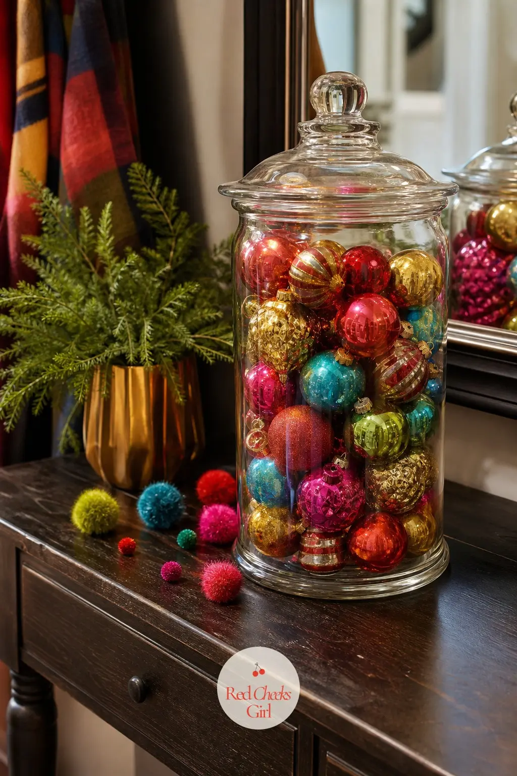 The Entry Console, Set With a Jar of Mixed Bright Baubles — A clear glass apothecary jar filled with fifty mixed glossy baubles, no colour story beyond bright