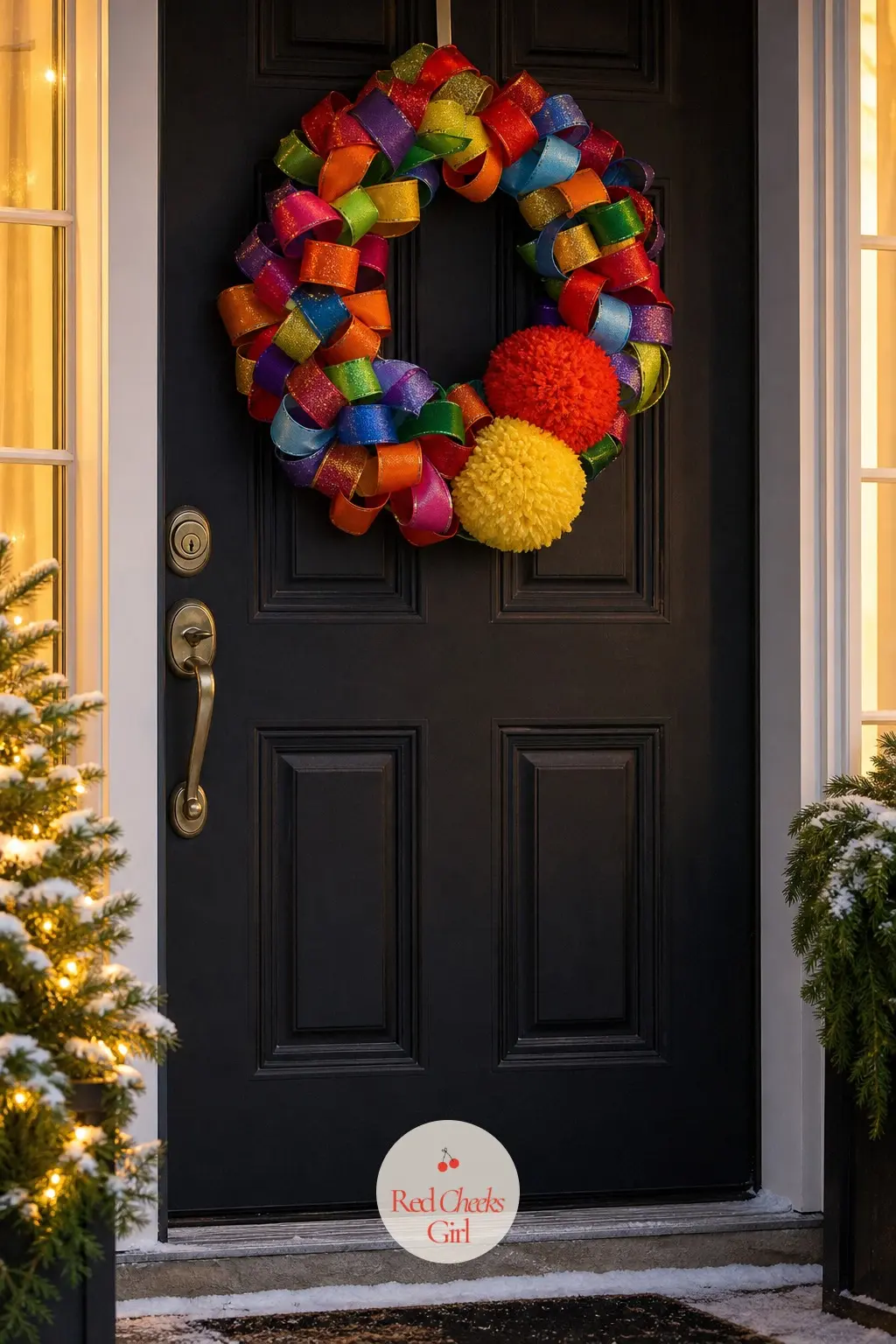 The Front Door, Hung With a Rainbow Ribbon Wreath — A wreath built from mixed satin ribbon loops in every bright colour, tied off with two fat pom-poms instead