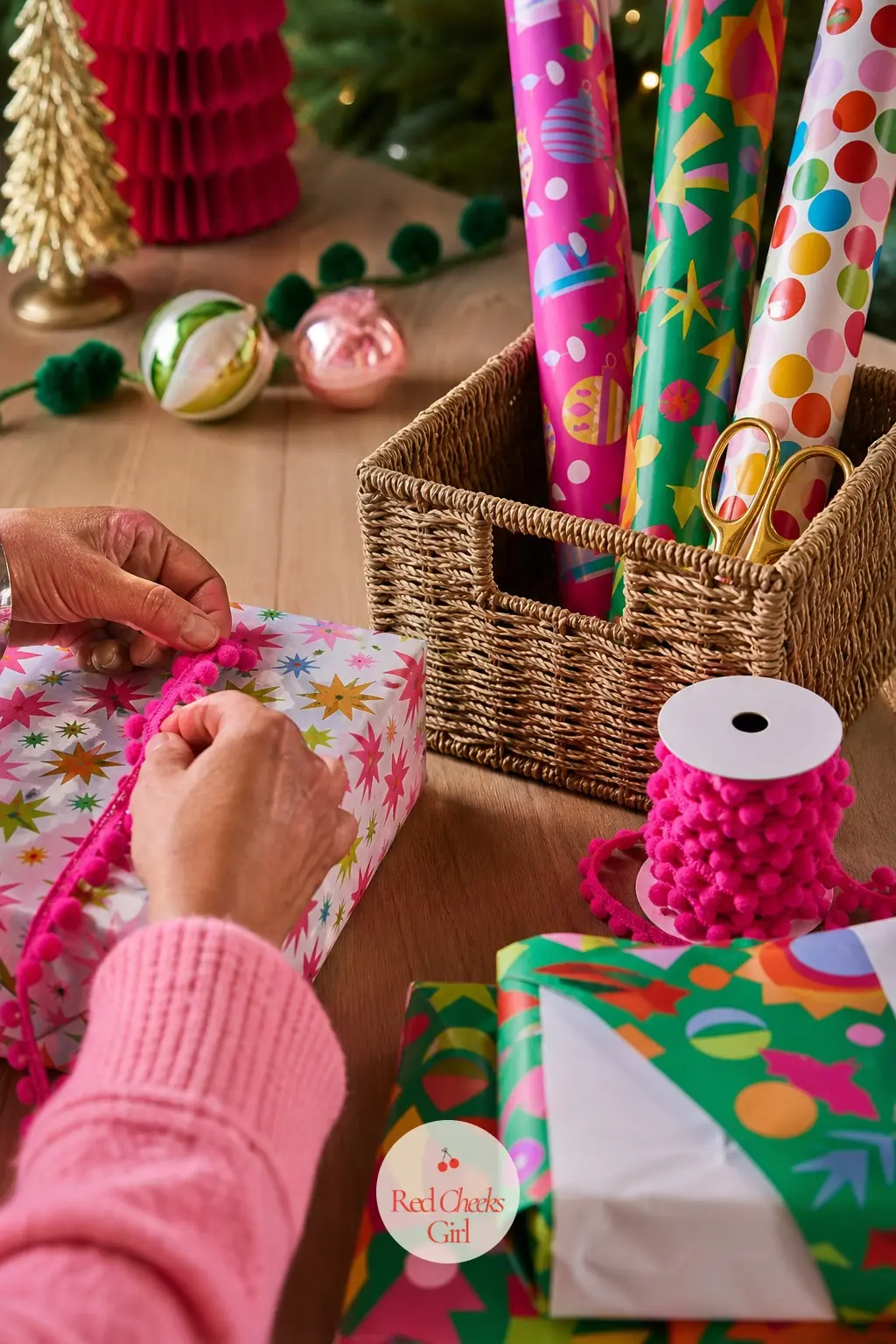 The Gift Wrapping Station, Papered in Mismatched Bright Patterns — Three rolls of wrapping paper, none matching, none even trying to coordinate beyond being