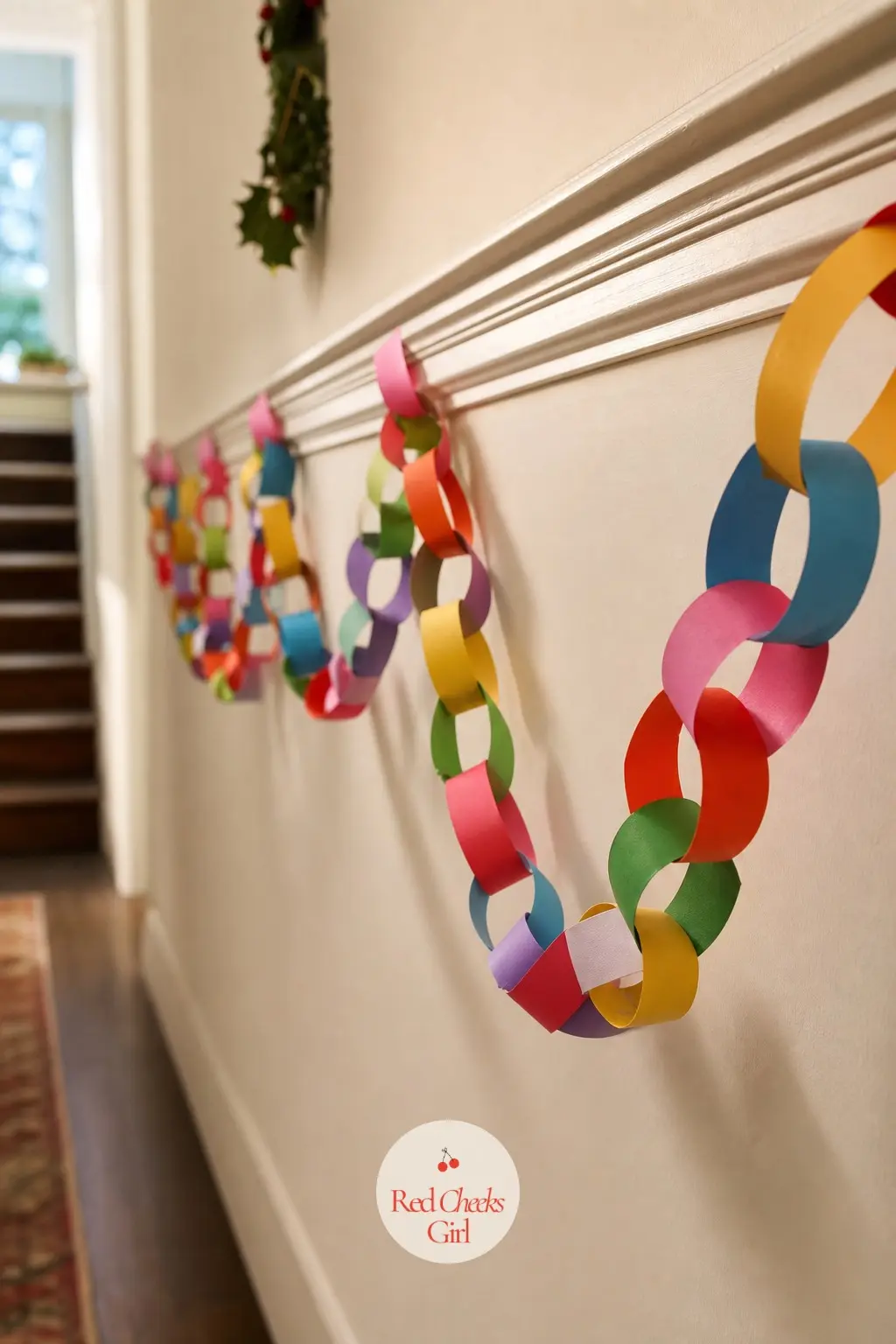 The Hallway Wall, Hung With a Rainbow Paper Chain — A long paper chain in every bright colour, looped loosely along the hallway wall at picture-rail height