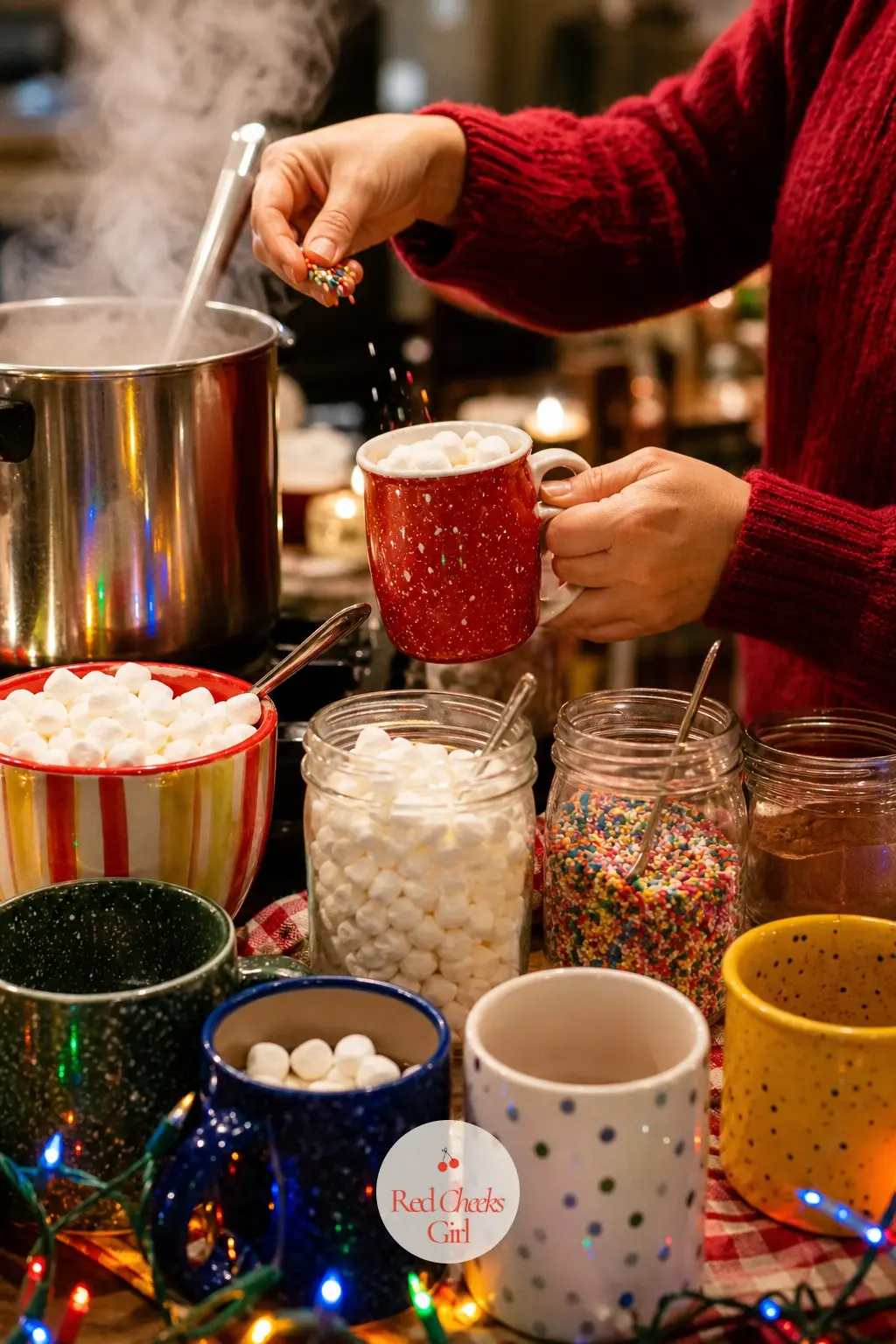 The Hot Cocoa Station, Stocked With Rainbow Sprinkles and Marshmallows — A small table or cart holds a row of mismatched bright mugs, a jar of rainbow