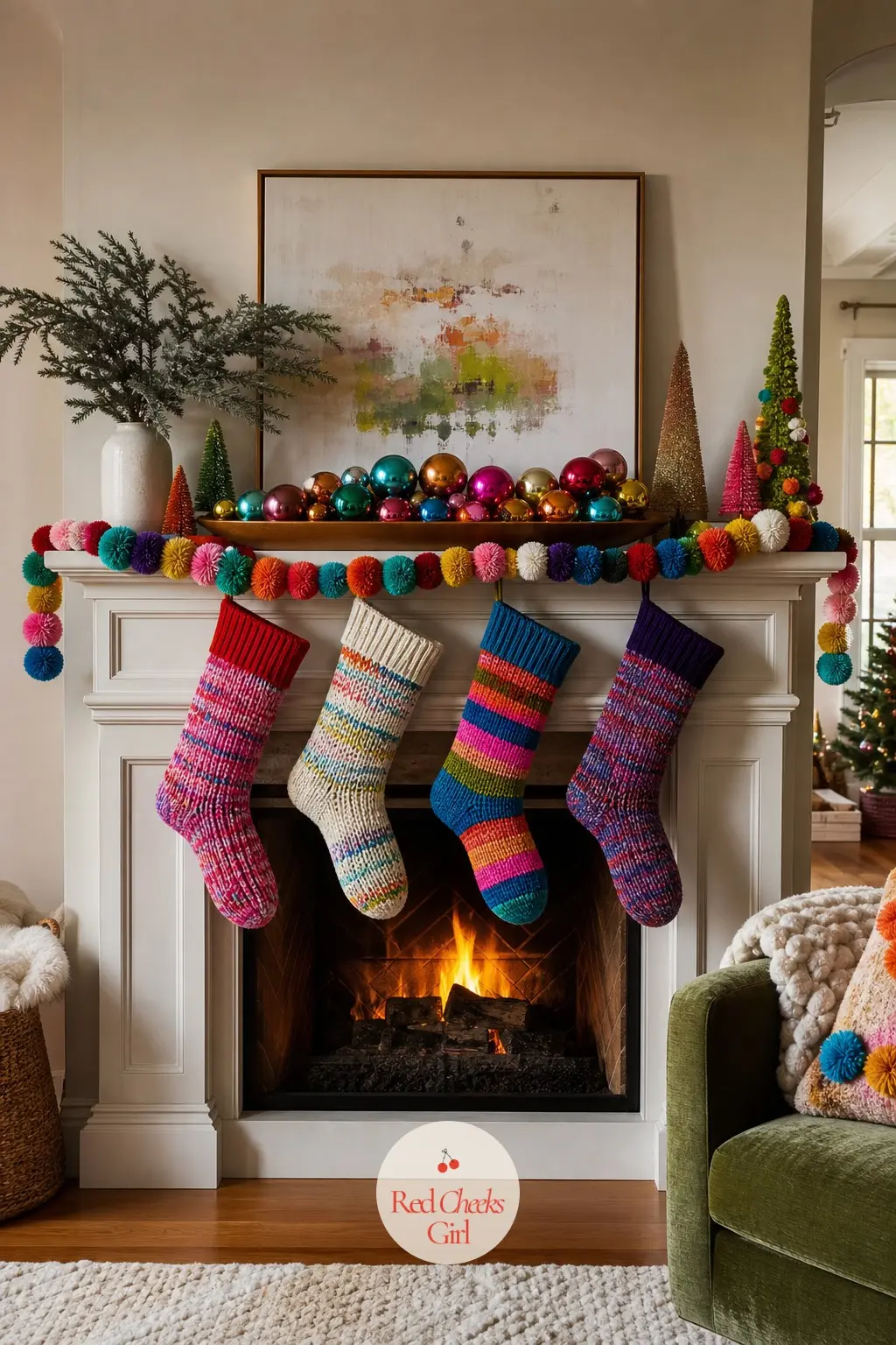 The Mantel, Dressed in a Pom-Pom Garland and Rainbow Stockings — Seven feet of pom-pom garland swags along the mantel shelf, each colour repeating at a
