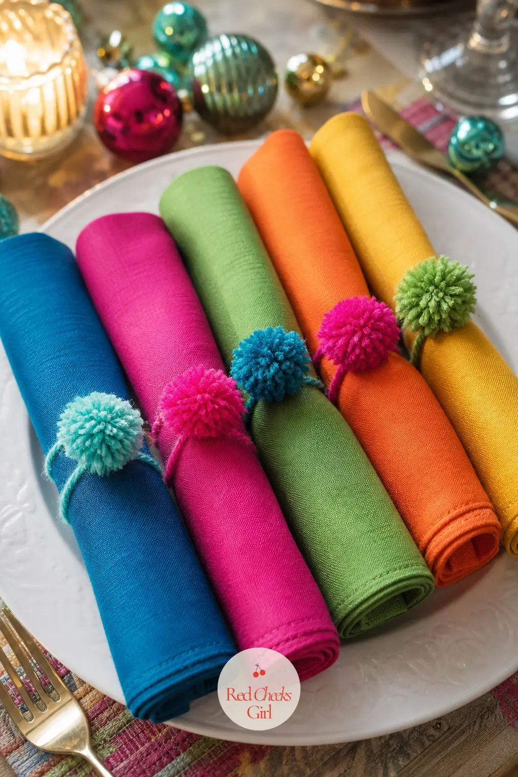 The Napkins, Rolled in Mismatched Bright Colors and Pom-Pom Ties — Twelve cloth napkins, no two the same colour, roll up and sit at each place setting tied