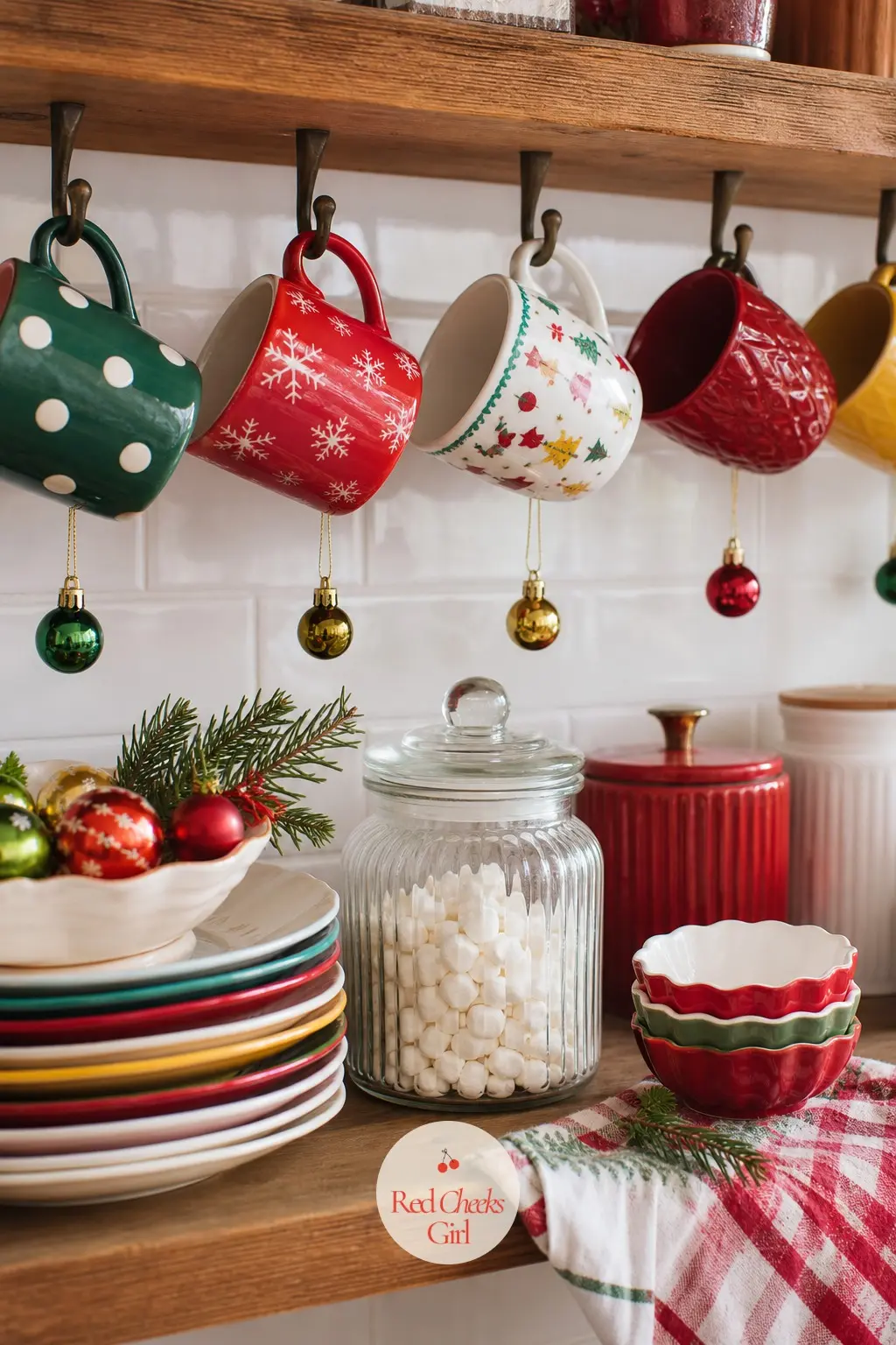 The Open Shelf, Styled With Mismatched Bright Mugs — If the kitchen has open shelving, swap the everyday mugs for a bright mismatched set just for the season