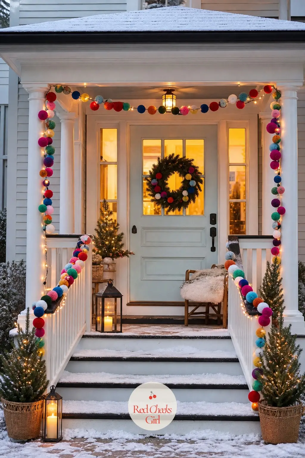 The Porch Steps, Lined With a Pom-Pom Garland — Nine feet of felt pom-pom garland, strung in every colour with none repeating twice in a row, turns a plain