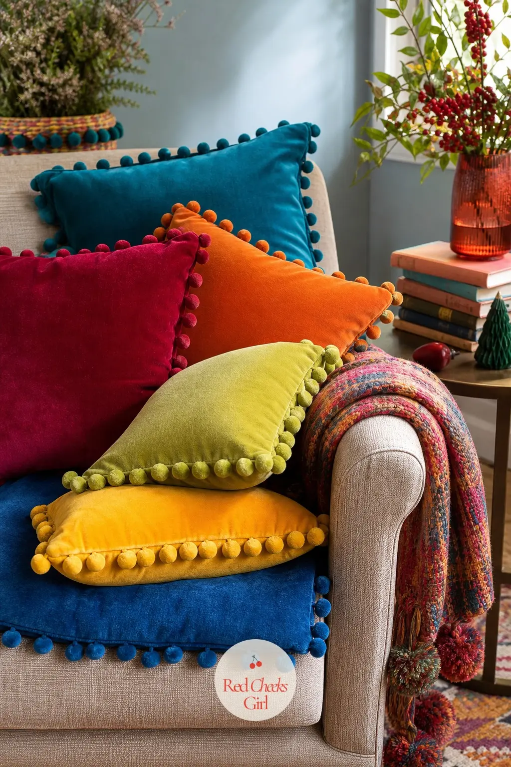 The Reading Nook, Piled in Rainbow Pom-Pom Cushions — A single armchair or window seat gets piled with cushions in four or five bright colours, each trimmed in