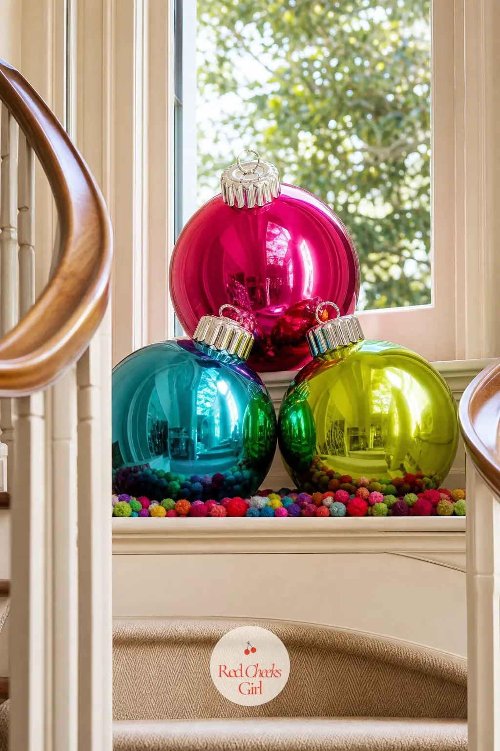 The Stair Landing, Topped With a Cluster of Giant Glossy Ornaments — Three oversized glossy baubles, each a different bright colour, cluster together on the