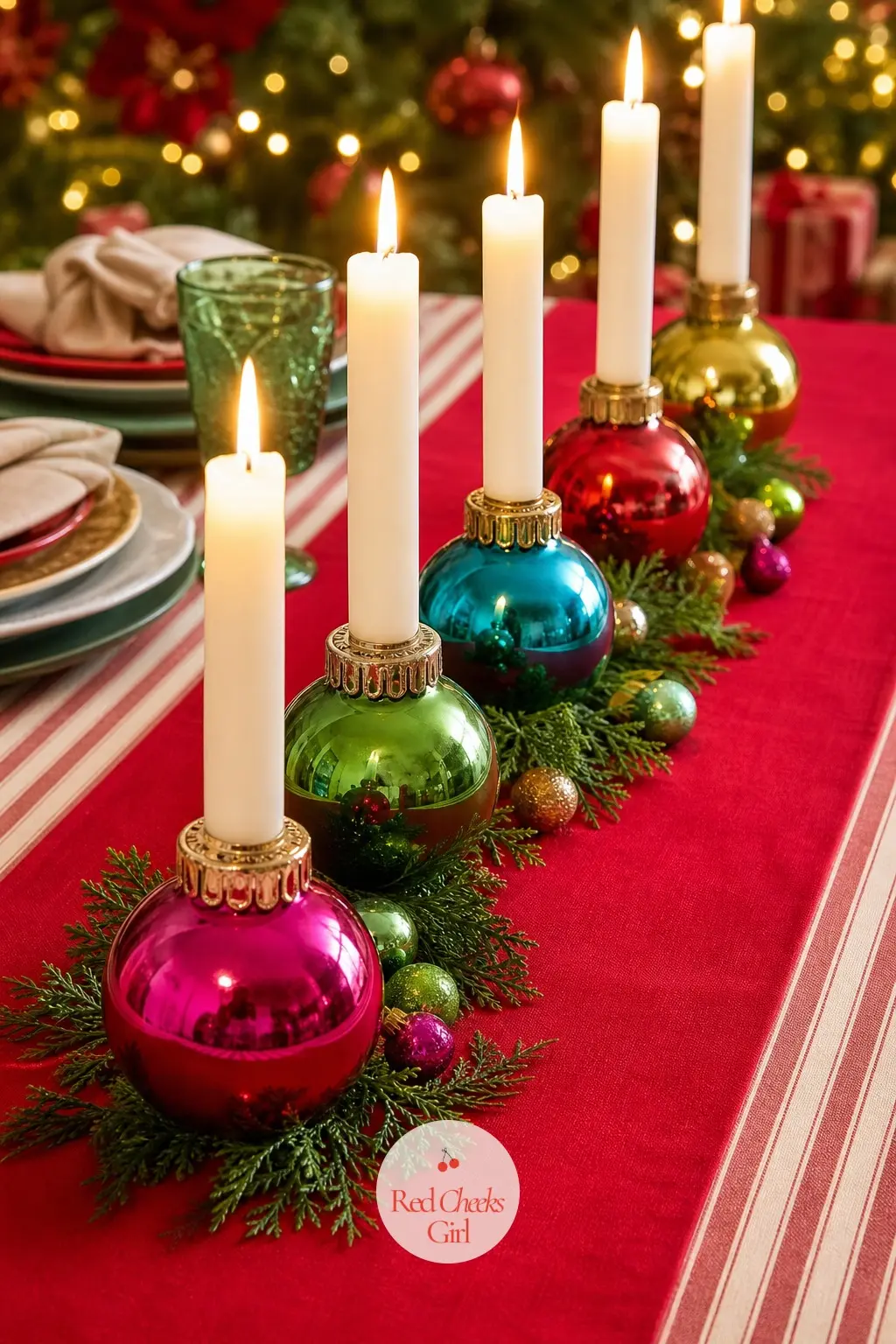 The Table Runner, Layered Under a Row of Glossy Bauble Candle Holders — A narrow runner in a single bright colour sits across the striped cloth, and down its