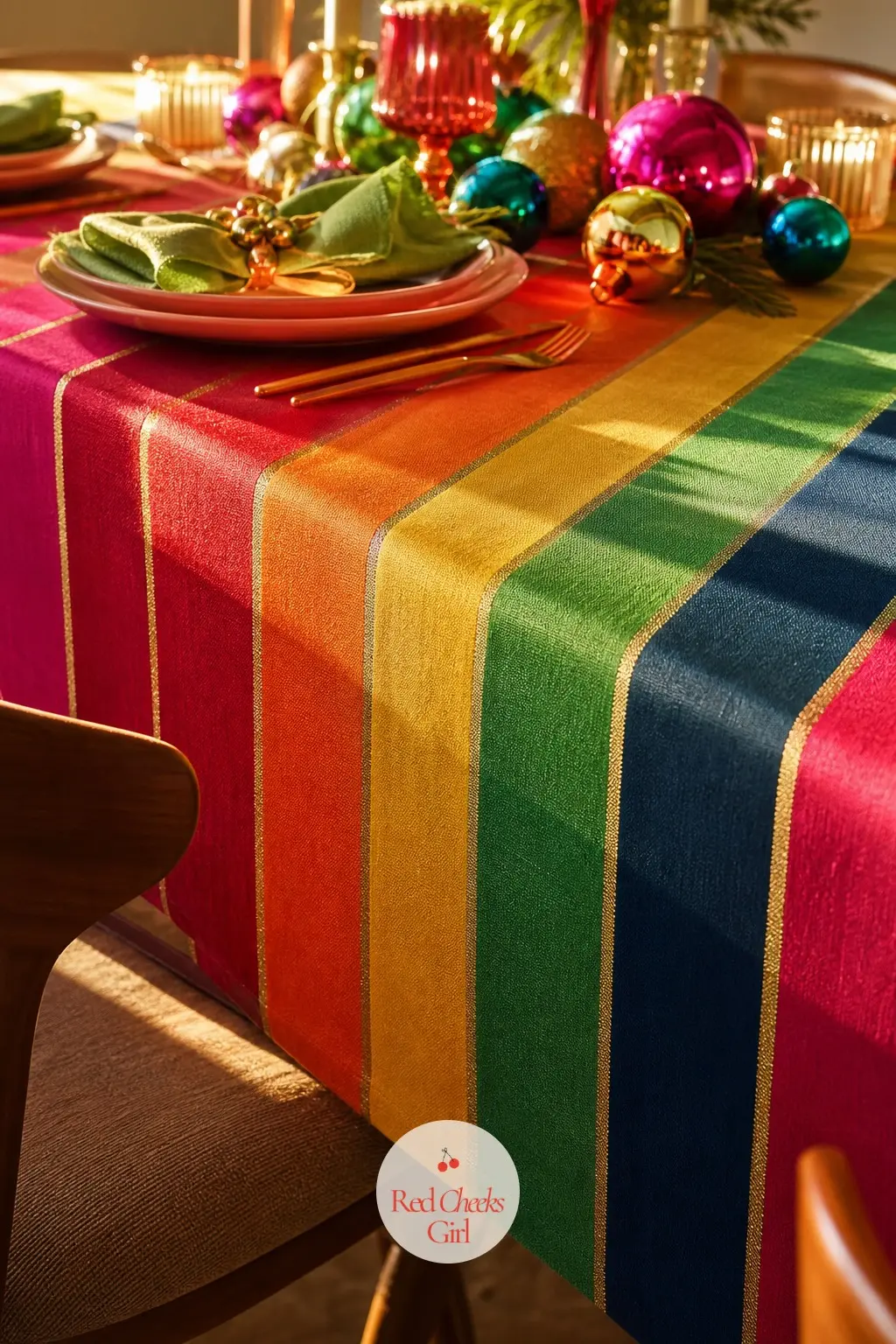 The Tablecloth, Laid in Bold Rainbow Stripes — A tablecloth in wide, bold stripes of every bright colour does the work that a dozen small decorations usually