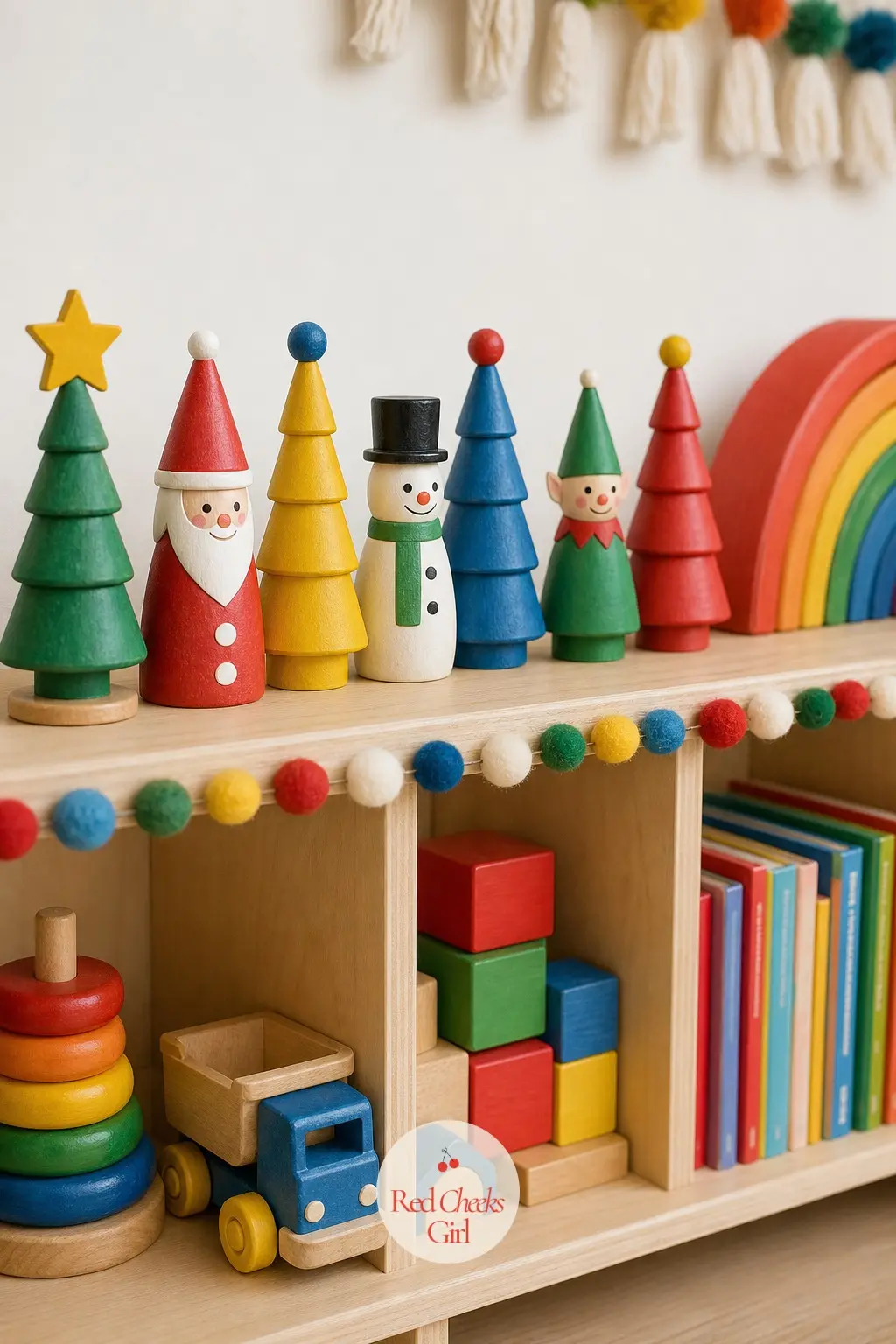 The Toy Shelf, Topped With a Row of Painted Wooden Ornaments — A low shelf near the reading nook gets a row of painted wooden ornaments in bright primary