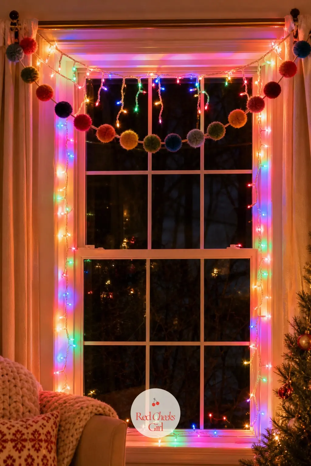 The Window, Framed in Multicolor Icicle Lights — Eighteen feet of multicolor icicle lights along the window frame turns the single darkest wall in the room