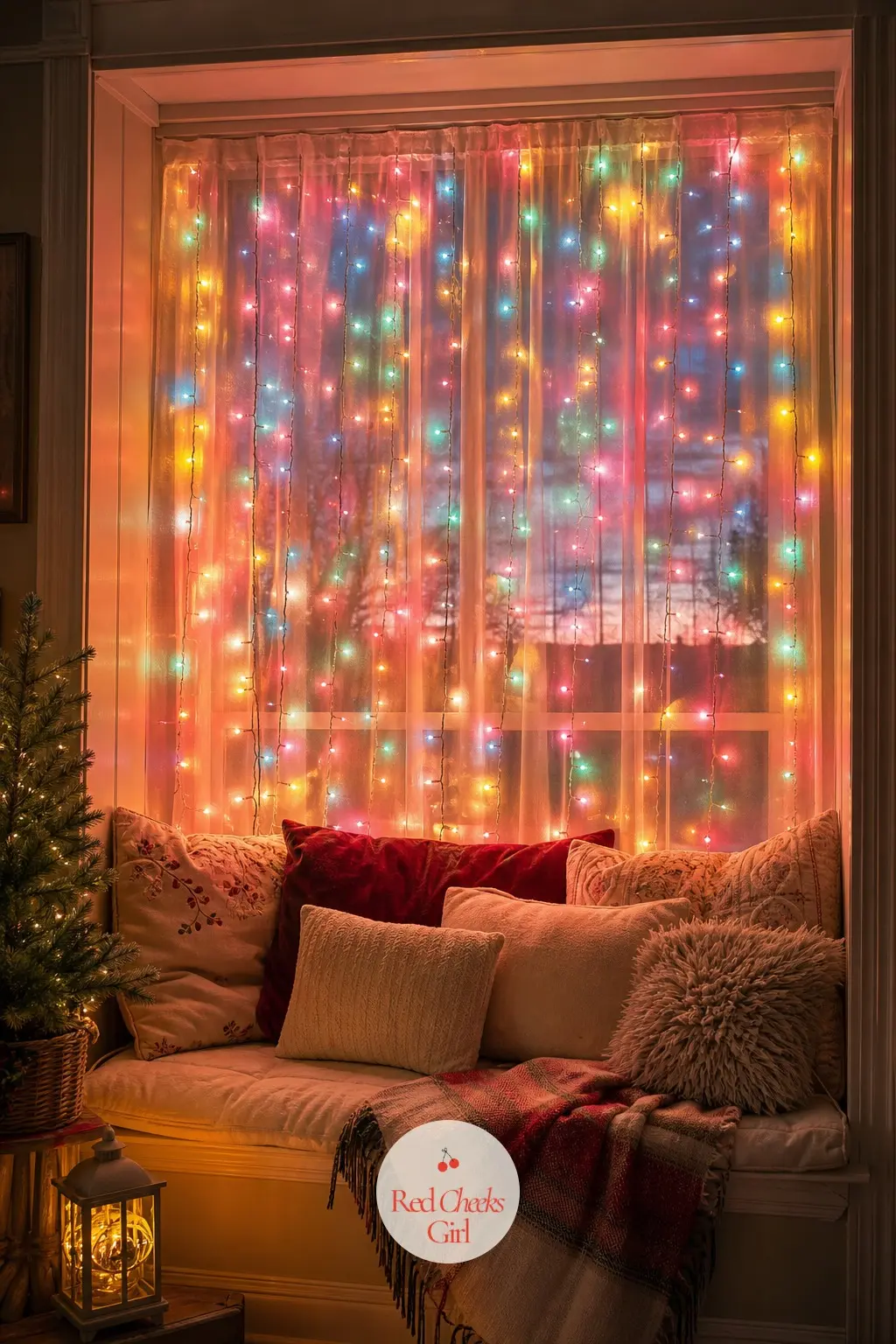 The Window Seat, Strung With a Multicolor Light Curtain — A curtain of multicolor fairy lights, hung flat against the window behind the reading nook, gives the