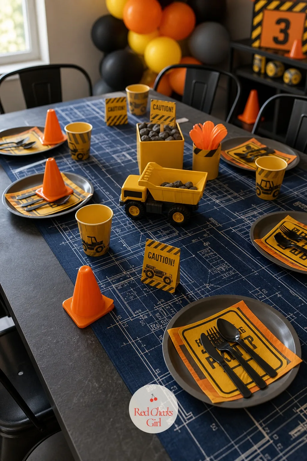 Blueprint Table Runner Place Setting — The table does not need a single toy on it yet to feel on theme, because the runner carries the whole idea by itself.