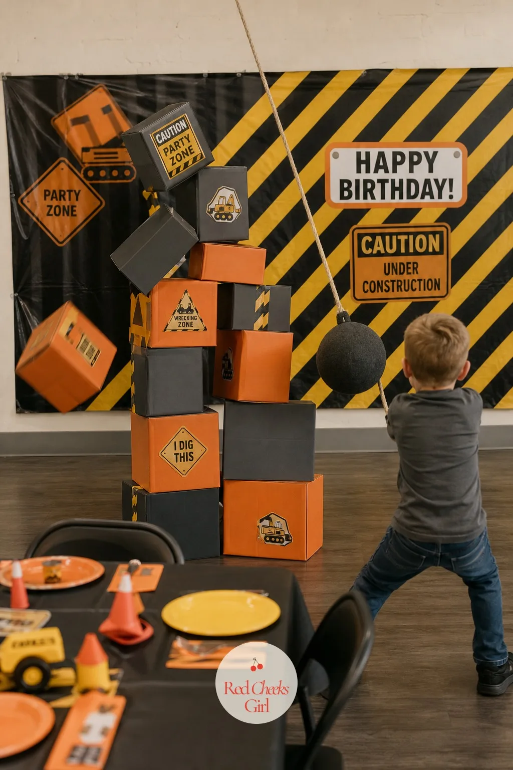Cardboard Tower Wrecking Ball Knockdown — Give a four year old permission to knock something down on purpose and watch the whole room light up. Construction