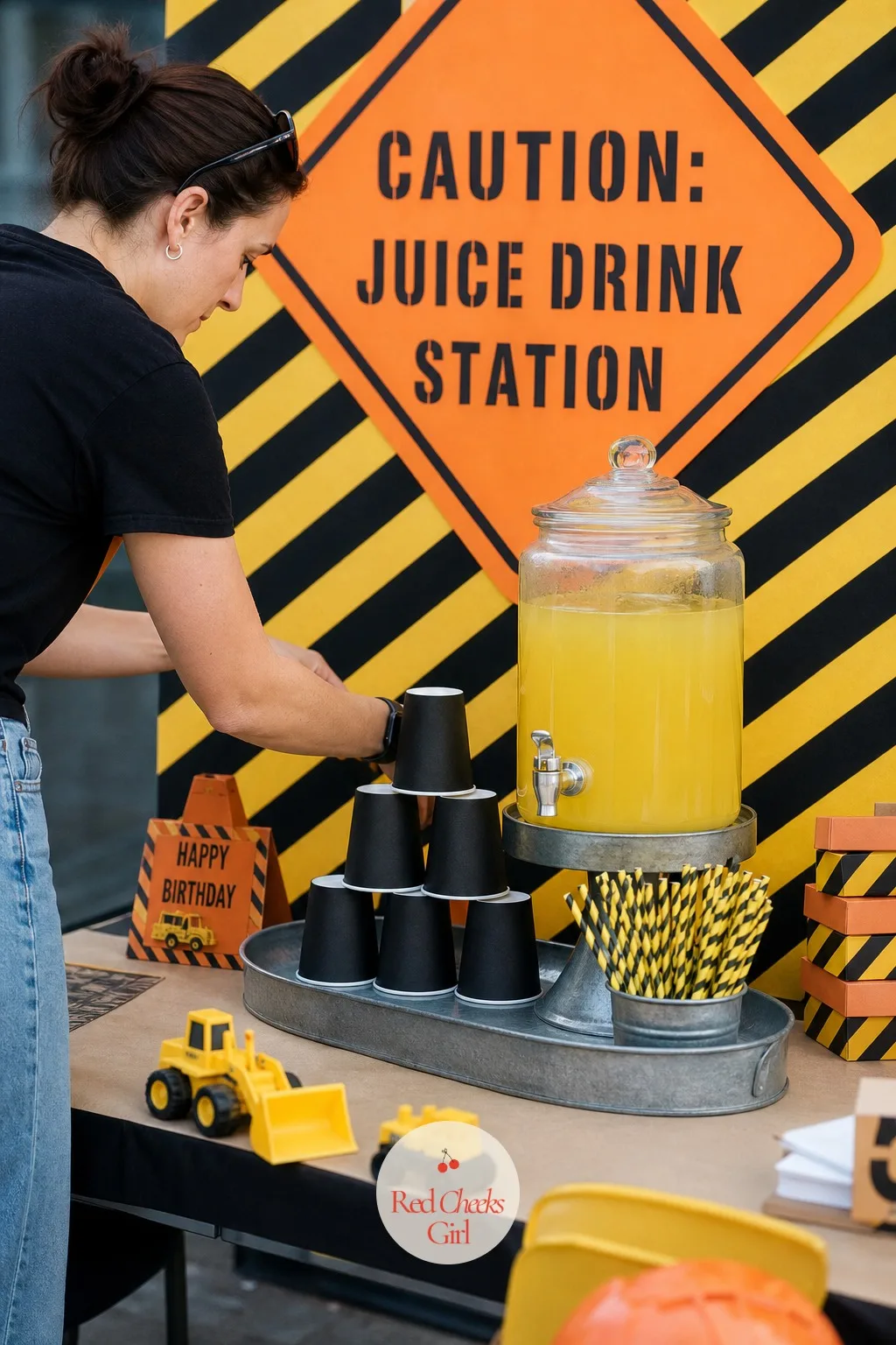 Caution Juice Drink Station — A drink table this small takes almost no planning, which is exactly why it earns a place. Construction birthday party