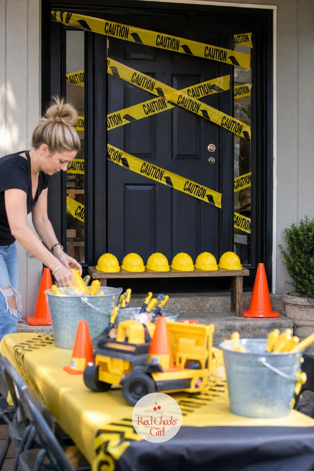 Caution Tape Entrance With A Row Of Hard Hats — Nobody walks past a door strung with caution tape without slowing down, and that is exactly the point.
