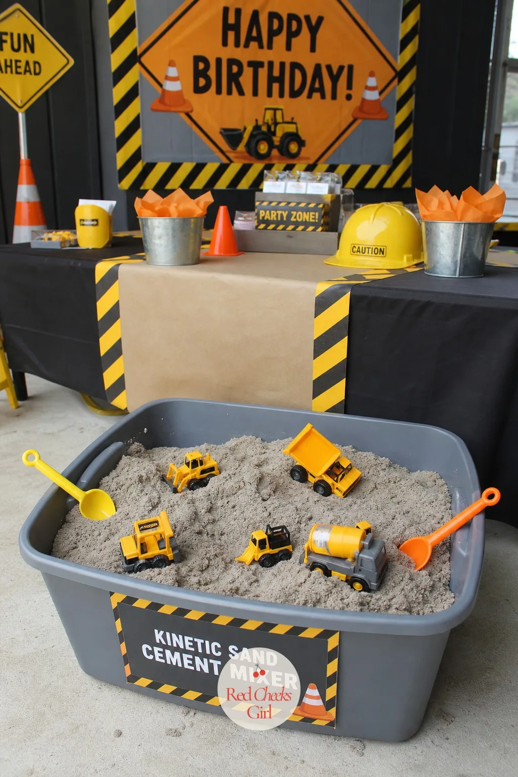 Kinetic Sand Cement Mixer Sensory Bin — A rained-out morning does not have to cancel the dig site, it just moves indoors. Construction birthday party