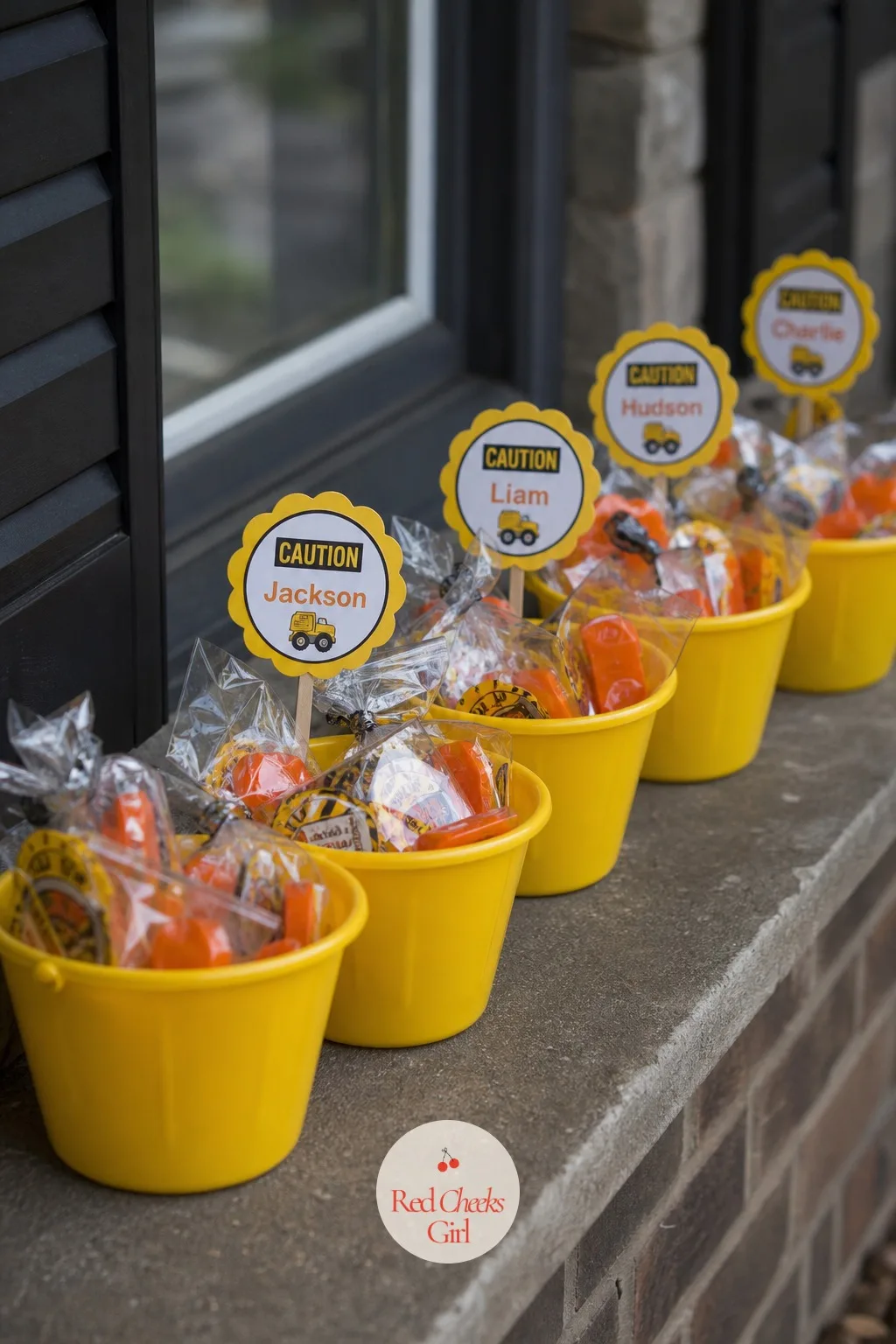 Mini Hard Hat Treat Buckets Lined Up — The last thing a small guest sees on the way out should be easy to grab without help, and a row of pails does exactly